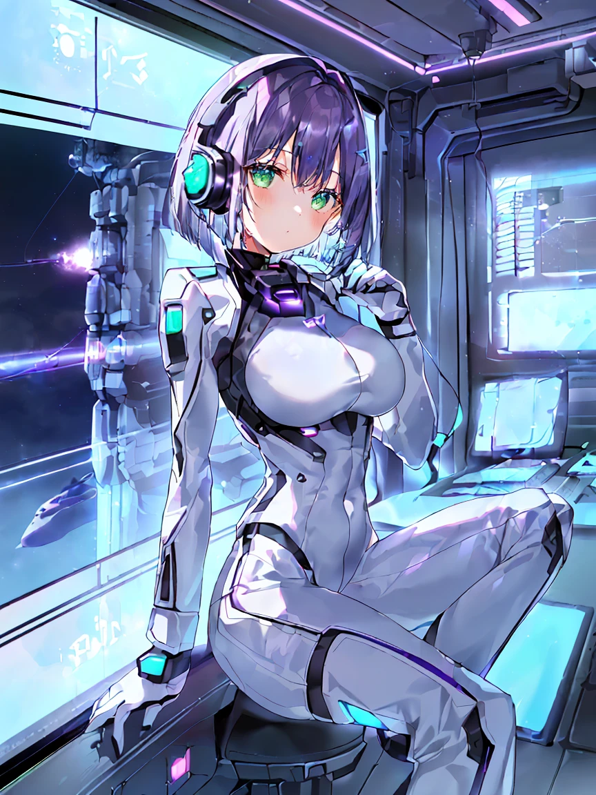 ​masterpiece:1.4, 1girl in ((20yr old, Wearing a futuristic white and silver costume, Tight Fit Bodysuit, long boots, Very gigantic-breasts, (Colorful purple hair,):1.3 short bob, Perfect model body, Green eyes:1.2, Wearing headphones, Looking out the window of the futuristic sci-fi space station、While admiring the beautiful galaxy:1.2, SFSF control room on night background:1.1, Neon and energetic atmosphere:1.2)) ((Galaxy))