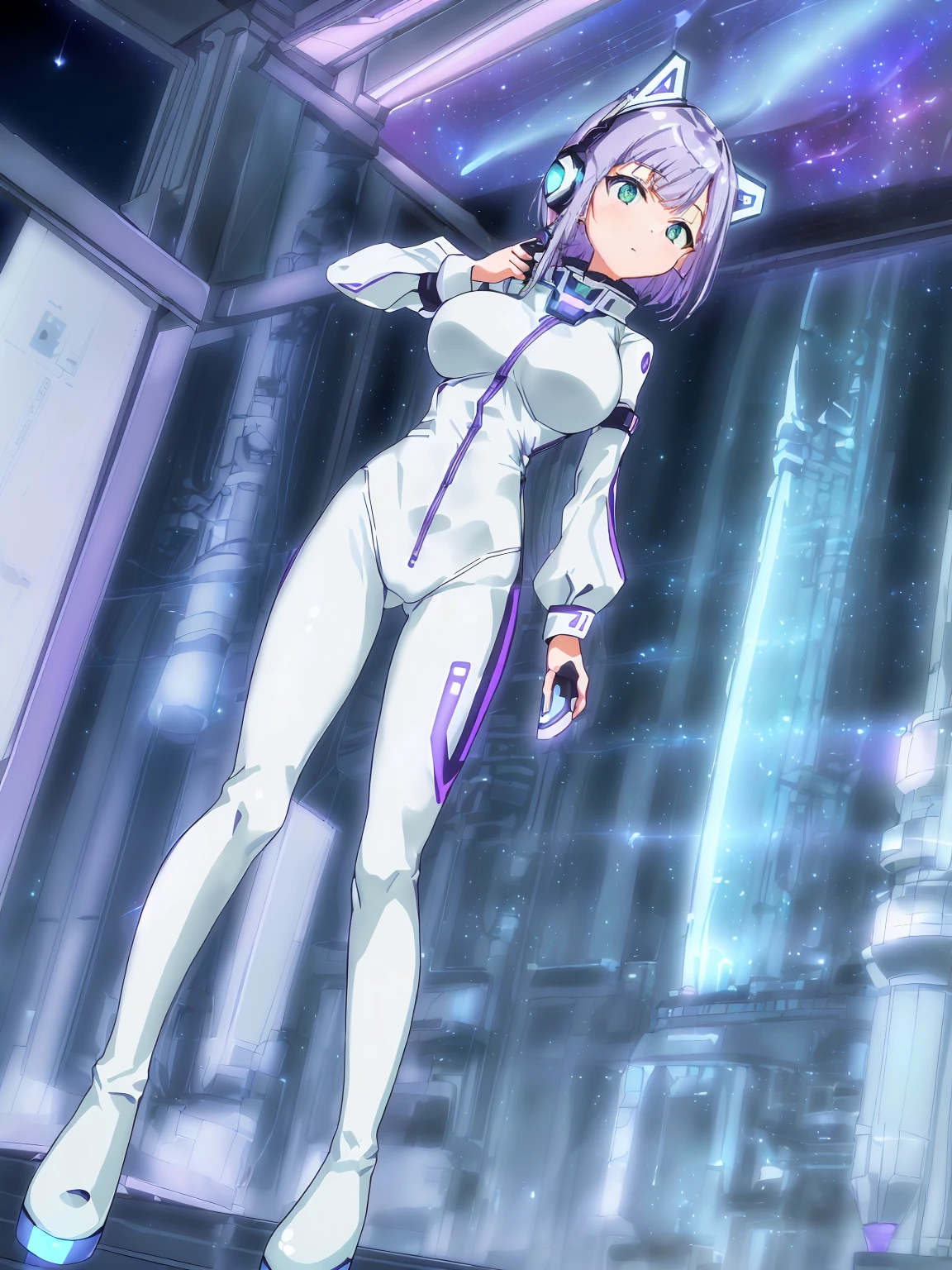 ​masterpiece:1.4, 1girl in ((20yr old, Wearing a futuristic white and silver costume, Tight Fit Bodysuit, long boots, Very gigantic-breasts, (Colorful purple hair,):1.3 short bob, Perfect model body, Green eyes:1.2, Wearing headphones, Looking out the window of the futuristic sci-fi space station、While admiring the beautiful galaxy:1.2, SFSF control room on night background:1.1, Neon and energetic atmosphere:1.2)) ((Galaxy))