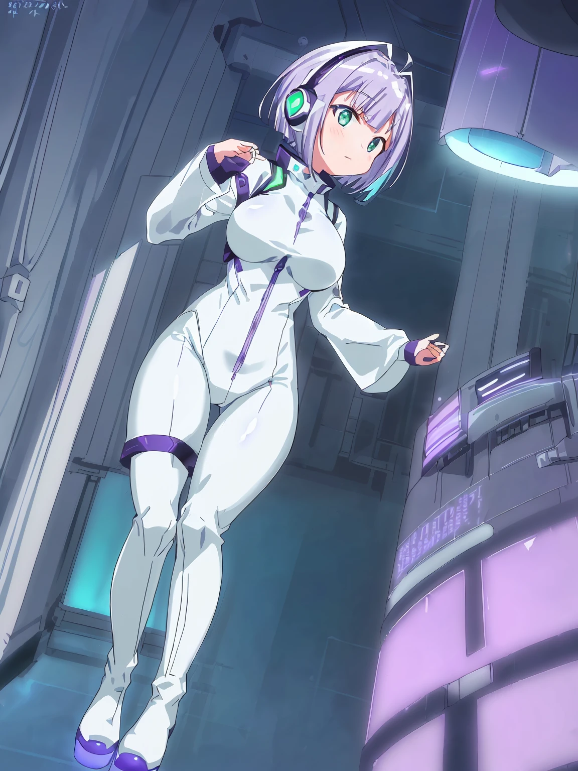 ​masterpiece:1.4, 1girl in ((20yr old, Wearing a futuristic white and silver costume, Tight Fit Bodysuit, long boots, Very gigantic-breasts, (Colorful purple hair,):1.3 short bob, Perfect model body, Green eyes:1.2, Wearing headphones, Looking out the window of the futuristic sci-fi space station、While admiring the beautiful galaxy:1.2, SFSF control room on night background:1.1, Neon and energetic atmosphere:1.2)) ((Galaxy))