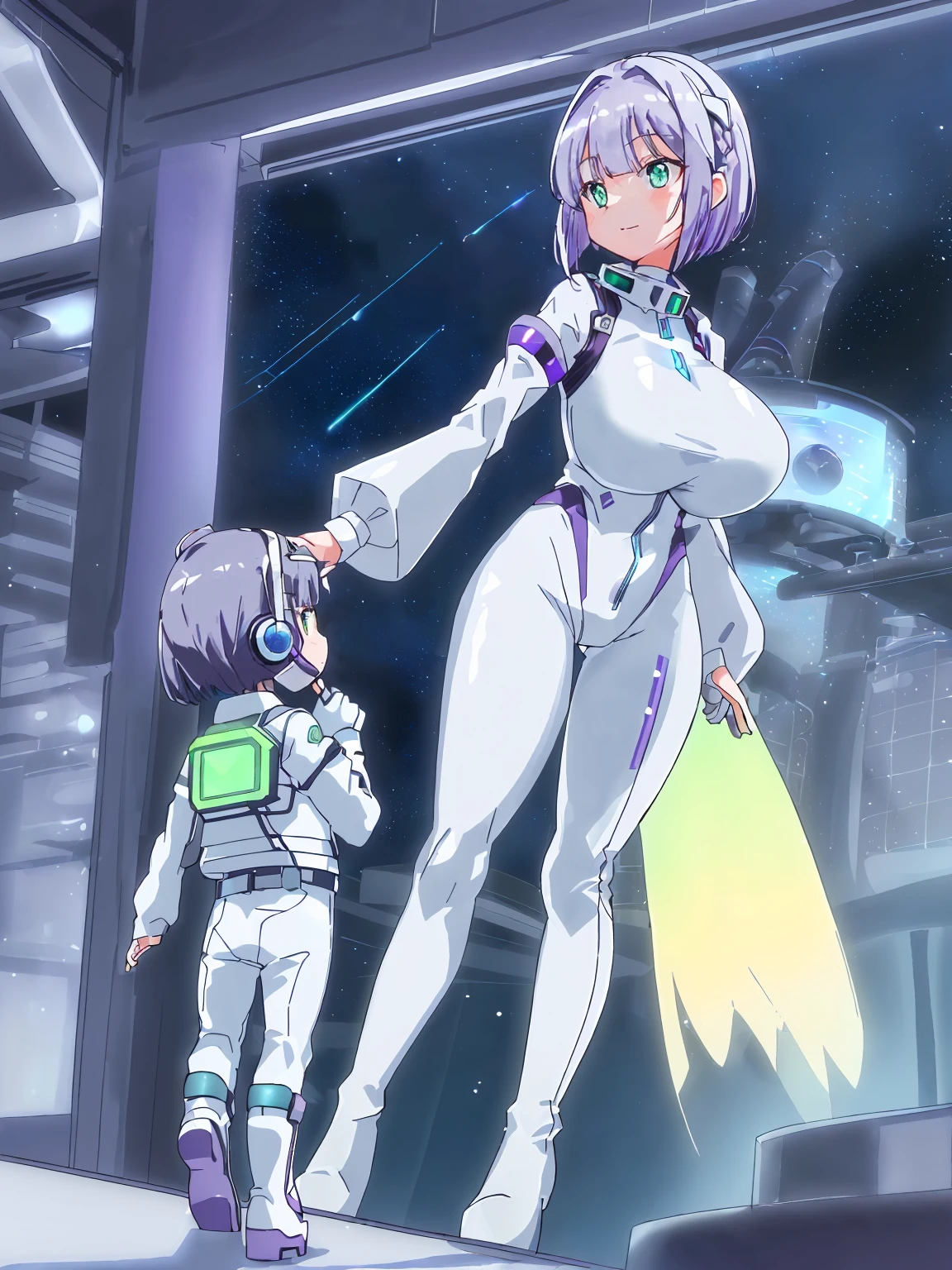 ​masterpiece:1.4, 1girl in ((20yr old, Wearing a futuristic white and silver costume, Tight Fit Bodysuit, long boots, Very gigantic-breasts, (Colorful purple hair,):1.3 short bob, Perfect model body, Green eyes:1.2, Wearing headphones, Looking out the window of the futuristic sci-fi space station、While admiring the beautiful galaxy:1.2, SFSF control room on night background:1.1, Neon and energetic atmosphere:1.2)) ((Galaxy))