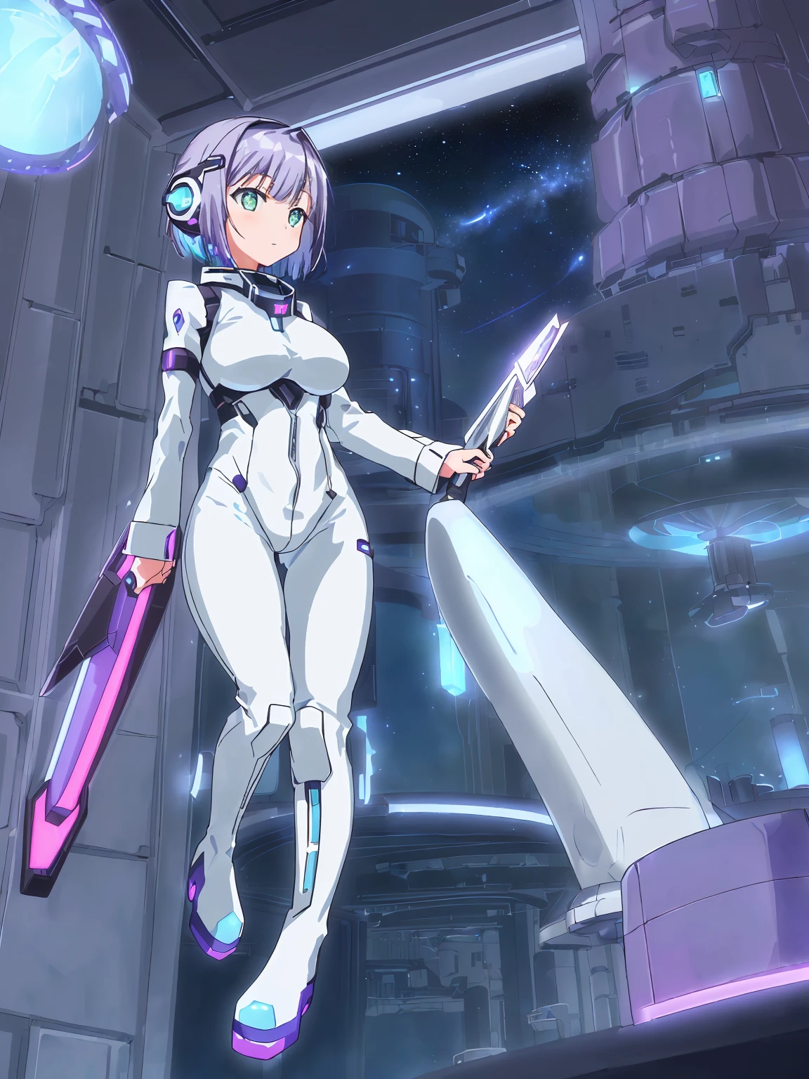 ​masterpiece:1.4, 1girl in ((20yr old, Wearing a futuristic white and silver costume, Tight Fit Bodysuit, long boots, Very gigantic-breasts, (Colorful purple hair,):1.3 short bob, Perfect model body, Green eyes:1.2, Wearing headphones, Looking out the window of the futuristic sci-fi space station、While admiring the beautiful galaxy:1.2, SFSF control room on night background:1.1, Neon and energetic atmosphere:1.2)) ((Galaxy))