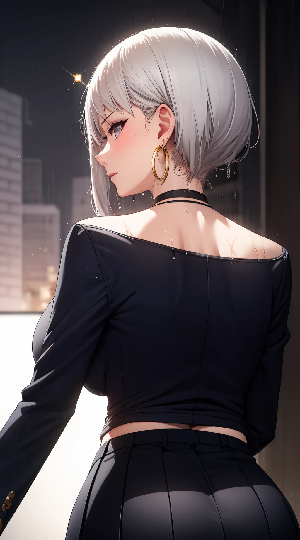 (best quality:1.5, highres, UHD, 4K, detailed lighting, shaders), white haired, gradient hair, large breasts, suit, gray shirt, social shirt, short skirt, mature woman , (pov), white background, colorful eyeshadow, dramatic lighting, sparkling eyes, sensual expression, golden earrings, flowing hair, delicate facial features, dark skin, high cheekbones, raining, urban setting, white background, dont look for the camera, lean forward, view from behind, wet by the rain.