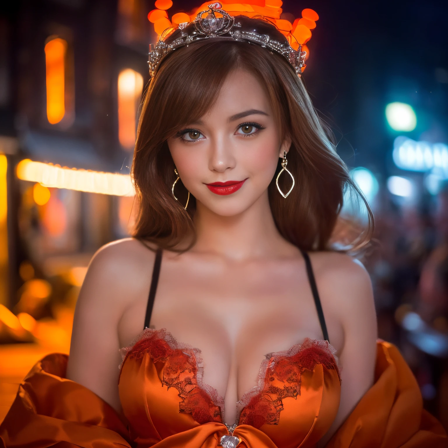 ((top-quality、masutepiece、8K、Top image quality、Highly complex and detailed depictions))、(dutch princess pictures:1.3)、Dutch luxury red light district、the most luxurious princess costume、((The most beautiful Dutch princess costumes、The most luxurious Dutch princess costumes、The most extravagant and lewd red-light district、An unimaginably huge entertainment district、A very luxurious and obscene red-light district in the Netherlands、Huge red light district at midnight in the Netherlands、Very complex decoration)、(View me、Bewitching smile、long eyelashes、Perfect makeup、lipsticks、A slight smil)、(perfect anatomia:1.2)、(Depth of field is deep:1.2)、(Detailed and intricate red light district background:1.3)、(A vibrant backdrop of the obscene Dutch red-light district:1.3)、spectacular movie lighting、(romantic mood night:1.1)、(Perfectly recreates the atmosphere of the Dutch red light district:1.3)、(obscene entertainment district:1.1)、(Obscene mood 1.1)