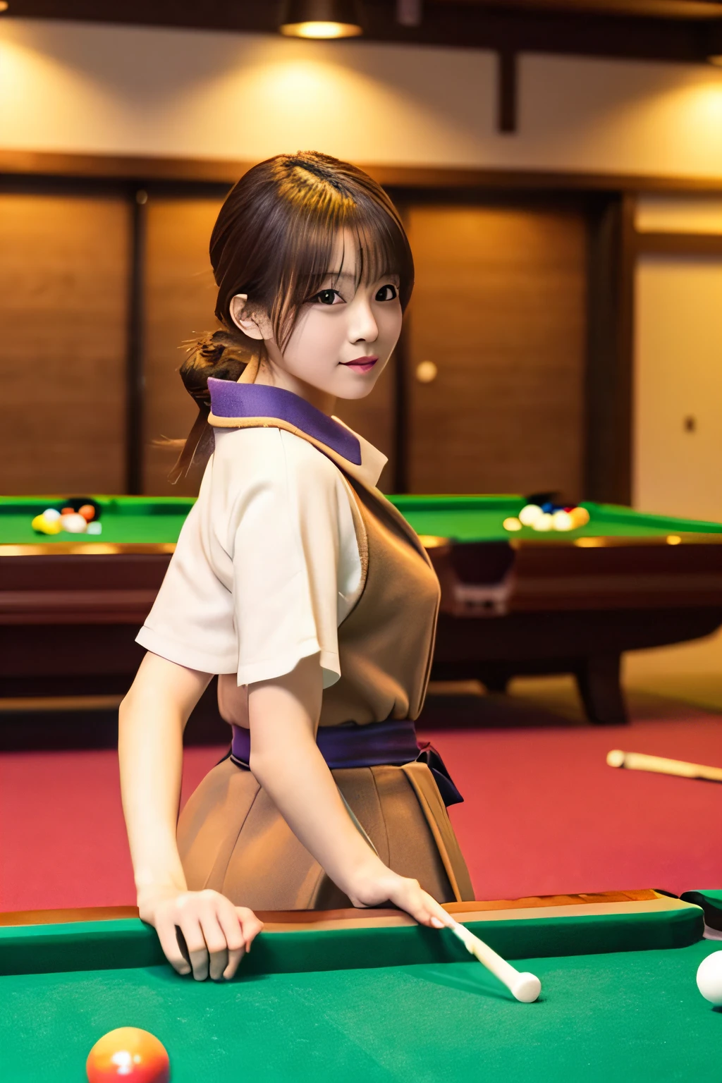 Realistic, masutepiece,Best Quality, Beautiful realistic Japan person、perfect anatomia、Beautiful limbs、Beautiful skin、Fashionable costumes、1girl in,billiards、girl,billiards,Fit body、Autumn outfit、modeled、