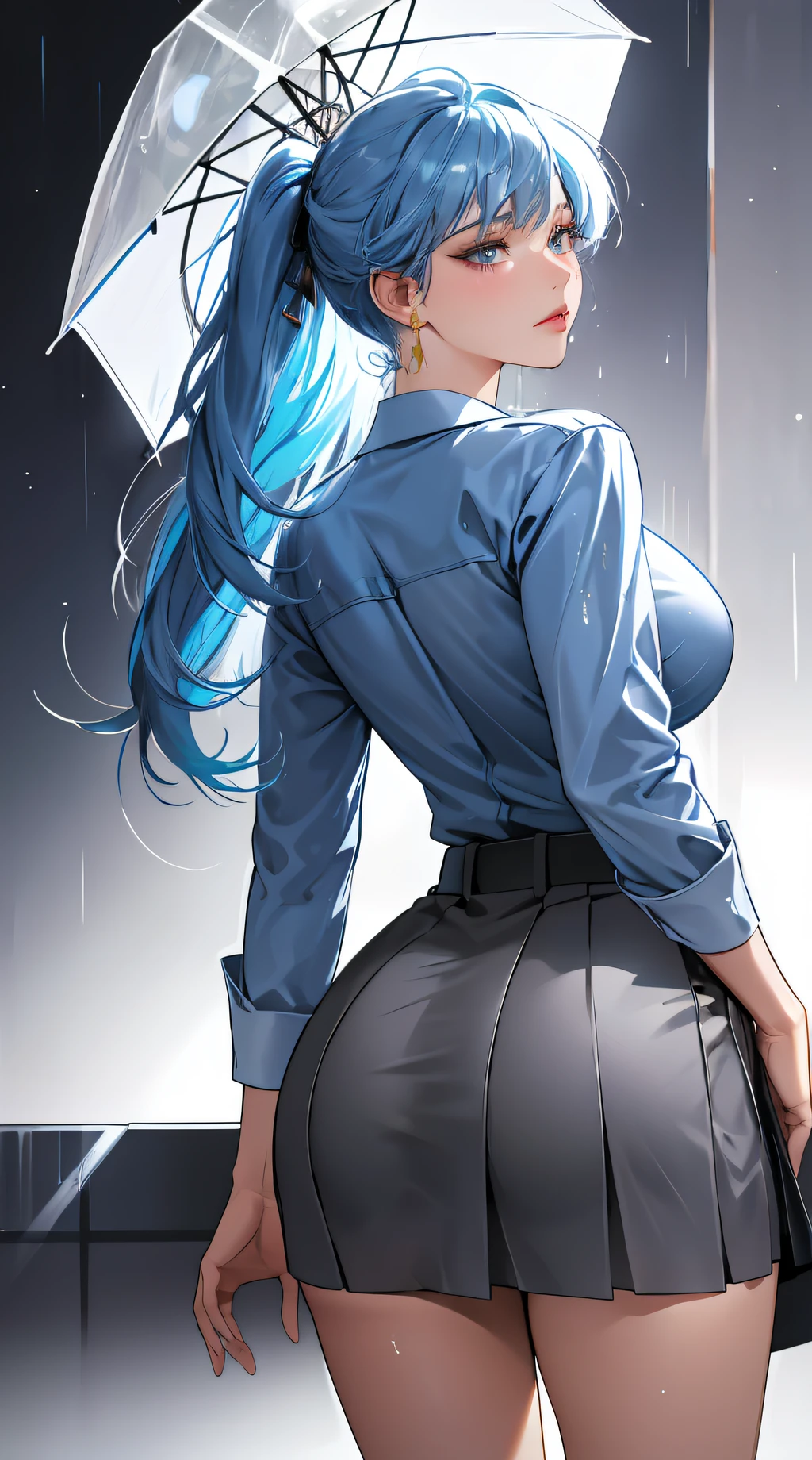 (best quality:1.5, highres, UHD, 4K, detailed lighting, shaders), white and blue haired, gradient hair, large breasts, suit, gray shirt, social shirt, short skirt, mature woman , (pov), white background, colorful eyeshadow, dramatic lighting, sparkling eyes, sensual expression, golden earrings, flowing hair, delicate facial features, dark skin, high cheekbones, raining, urban setting, white background, dont look for the camera, lean forward, view from behind, wet  by the rain.