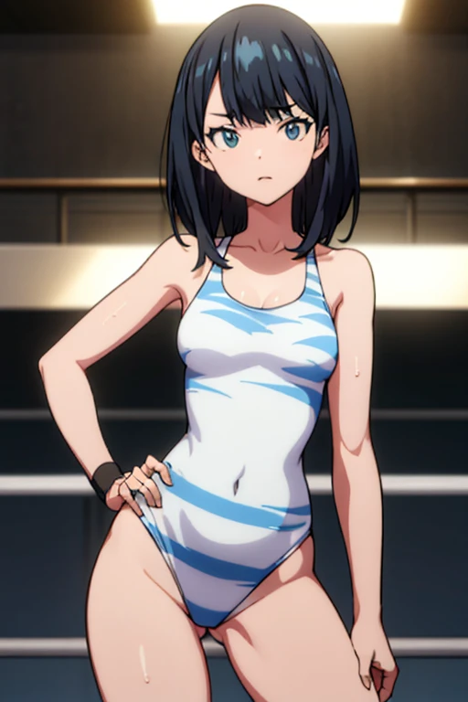 独奏,masutepiece, Best Quality, Extremely detailed,Striped one-piece swimsuit made of lace material,Stand in the ring of professional wrestling,Black hair straight,Cute girl at 18 years old,Pose with hands on hips