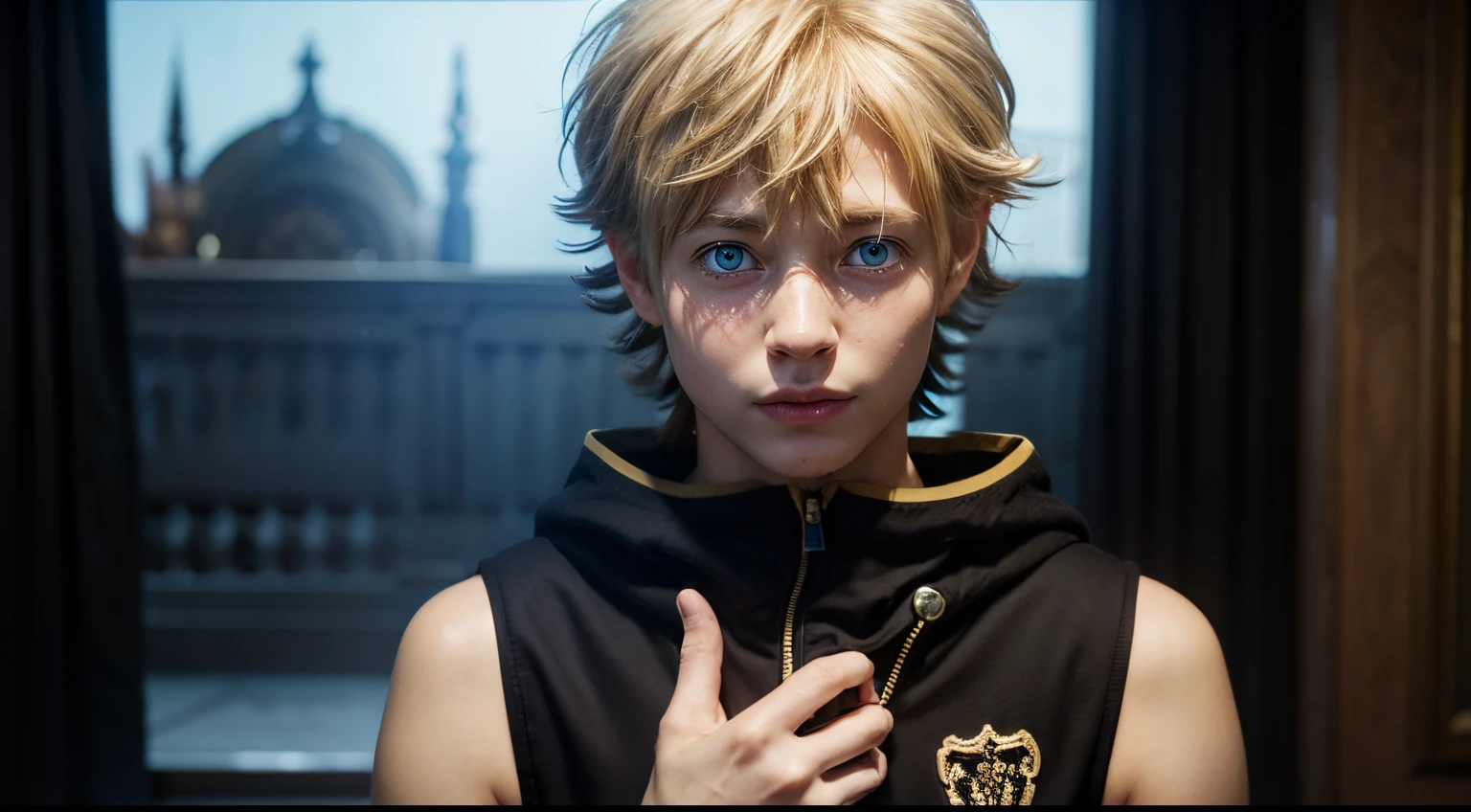 masterpiece, best quality, high quality, 1boy, solo, male focus, looking at viewer, upper body, luck_voltia, blonde hair, blue eyes, hair between eyes, realistic, black clothes, teenager, young, boy, young looking, ************