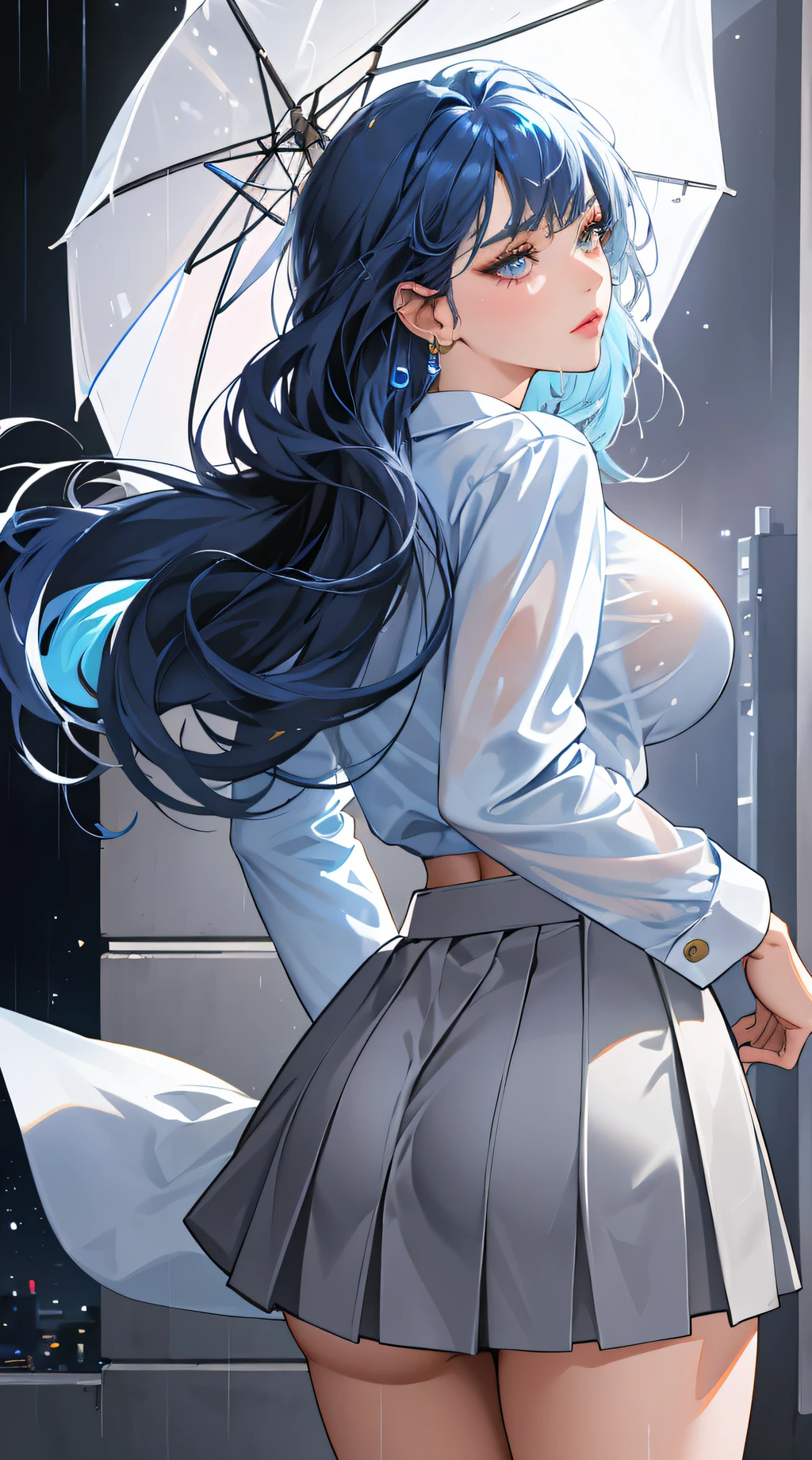 (best quality:1.5, highres, UHD, 4K, detailed lighting, shaders), white and blue haired, gradient hair, large breasts, suit, gray shirt, social shirt, short skirt, mature woman , (pov), white background, colorful eyeshadow, dramatic lighting, sparkling eyes, sensual expression, golden earrings, flowing hair, delicate facial features, dark skin, high cheekbones, raining, urban setting, white background, dont look for the camera, lean forward, view from behind, wet  by the rain.