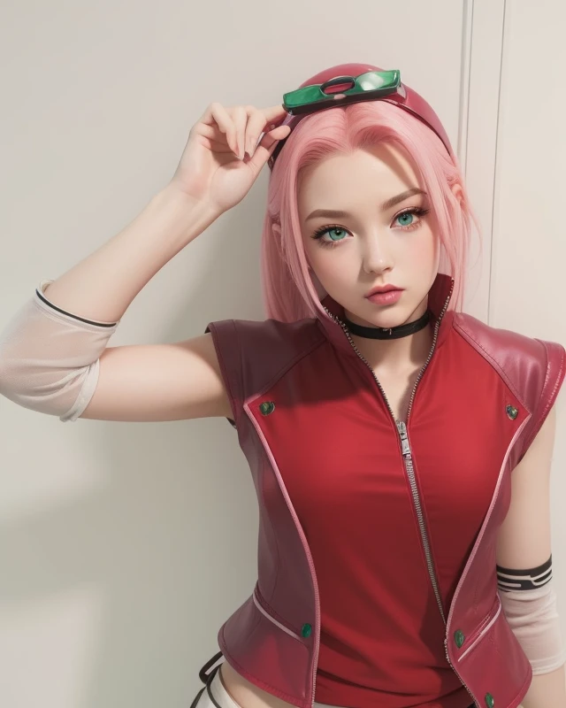 young woman, porcelain skin, long bubblegum pink hair, big pink lips, big emerald green eyes, pink eyebrows, red clothes, Sakura Haruno, 3d, realism, black gloves