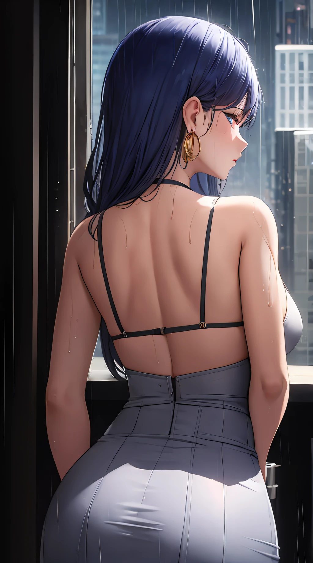 (best quality:1.5, highres, UHD, 4K, detailed lighting, shaders), white and blue haired, gradient hair, large breasts, suit, gray shirt, social shirt, short skirt, mature woman , (pov), white background, colorful eyeshadow, dramatic lighting, sparkling eyes, sensual expression, golden earrings, flowing hair, delicate facial features, dark skin, high cheekbones, raining, urban setting, white background, dont look for the camera, lean forward, view from behind, wet by the rain.