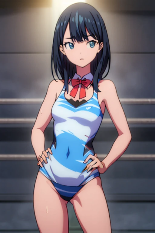 独奏,masutepiece, Best Quality, Extremely detailed,Striped one-piece swimsuit made of lace material,Stand in the ring of professional wrestling,Black hair straight,Cute girl at 18 years old,Pose with hands on hips