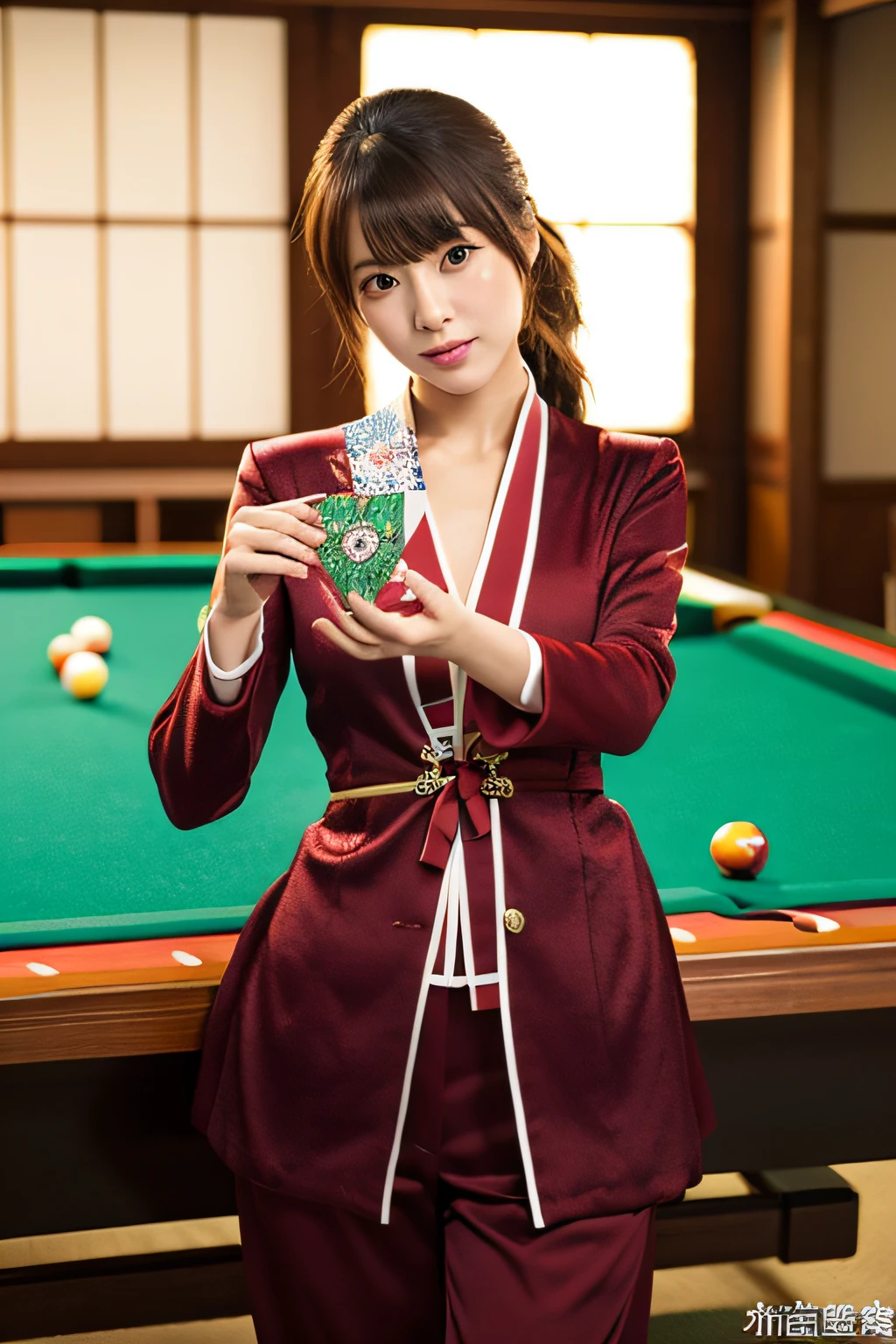 Realistic, masutepiece,Best Quality, Beautiful realistic Japan person、perfect anatomia、Beautiful limbs、Beautiful skin、Fashionable costumes、1girl in,billiards、girl,Trump fortune telling,Fit body、Autumn outfit、modeled、