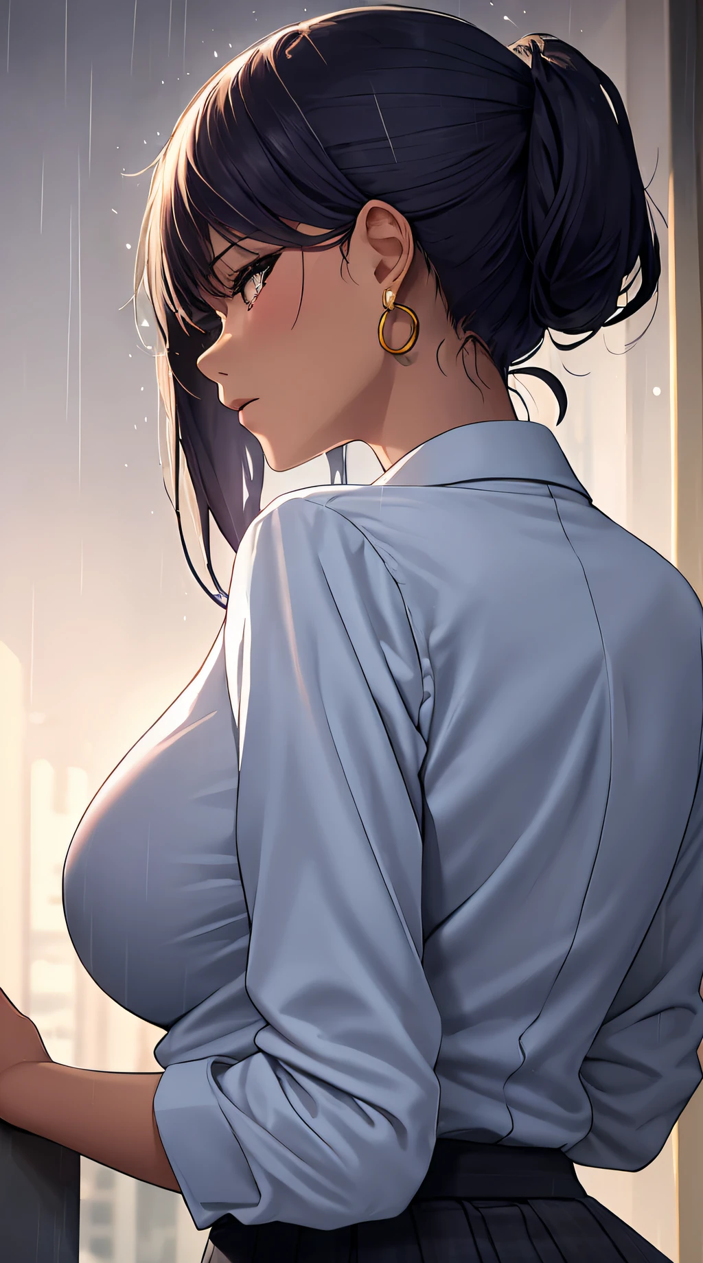 (best quality:1.5, highres, UHD, 4K, detailed lighting, shaders), white and blue haired, gradient hair, large breasts, suit, gray shirt, social shirt, short skirt, mature woman , (pov), white background, colorful eyeshadow, dramatic lighting, sparkling eyes, sensual expression, golden earrings, flowing hair, delicate facial features, dark skin, high cheekbones, raining, urban setting, white background, dont look for the camera, lean forward, view from behind, wet  by the rain.