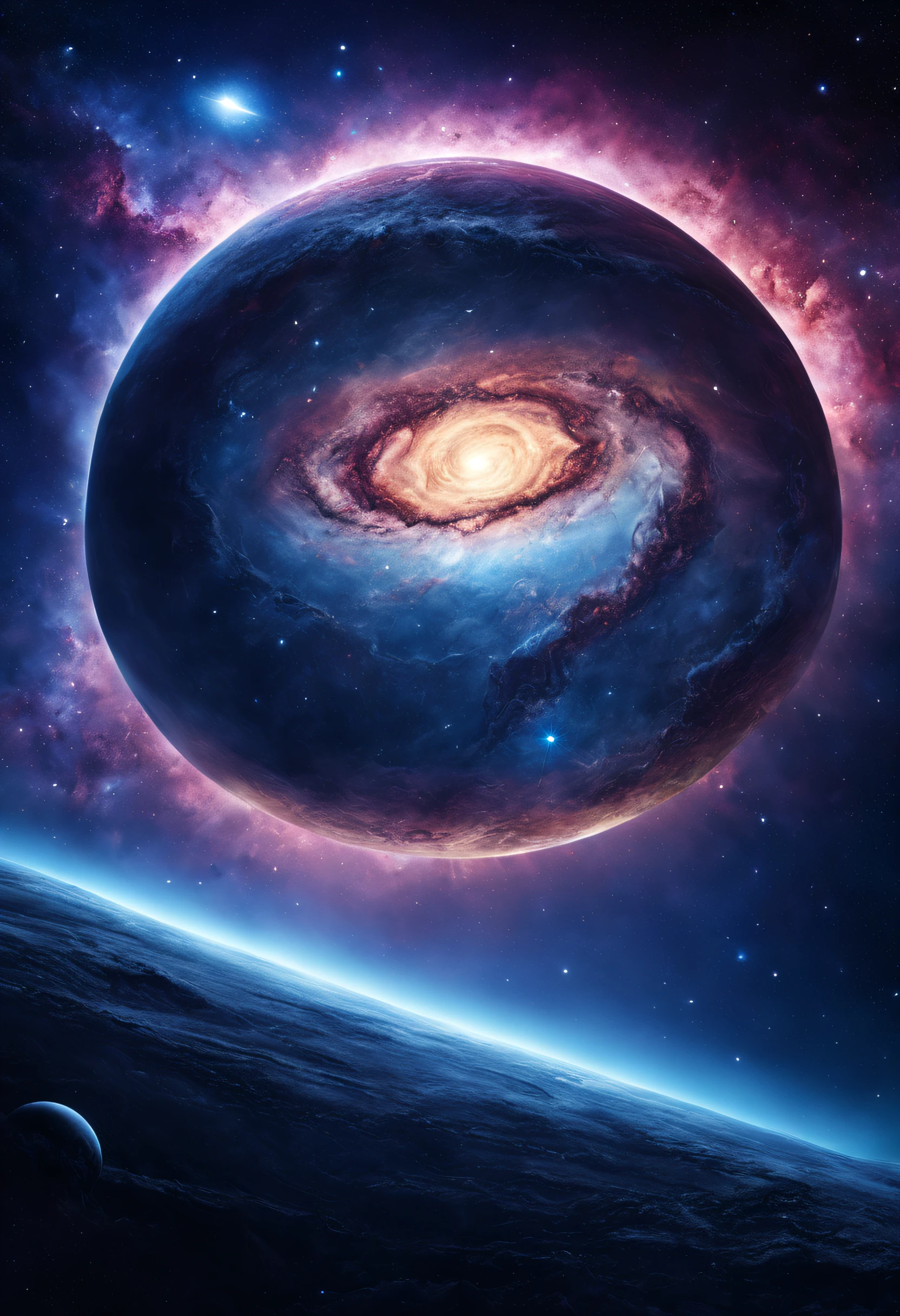 An impressive and beautiful, detailed, textured magnificent alien galaxy with dreaming clouds of stardust and a textured planet a little further away