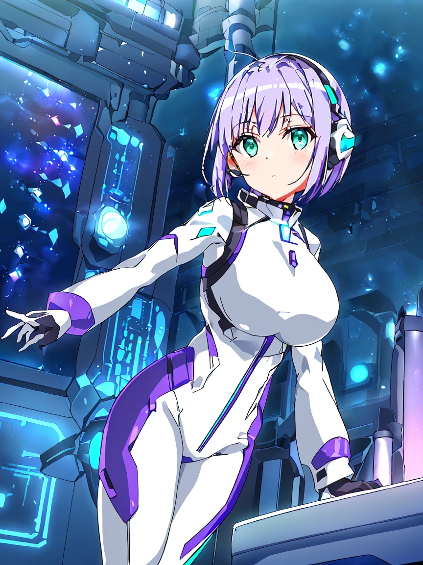 ​masterpiece:1.4, 1girl in ((20yr old, Wearing a futuristic white and silver costume, Tight Fit Bodysuit, long boots, Very gigantic-breasts, (Colorful purple hair,):1.3 short bob, Perfect model body, Green eyes:1.2, Wearing headphones, Looking out the window of the futuristic sci-fi space station、While admiring the beautiful galaxy:1.2, SFSF control room on night background:1.1, Neon and energetic atmosphere:1.2)) ((Galaxy))