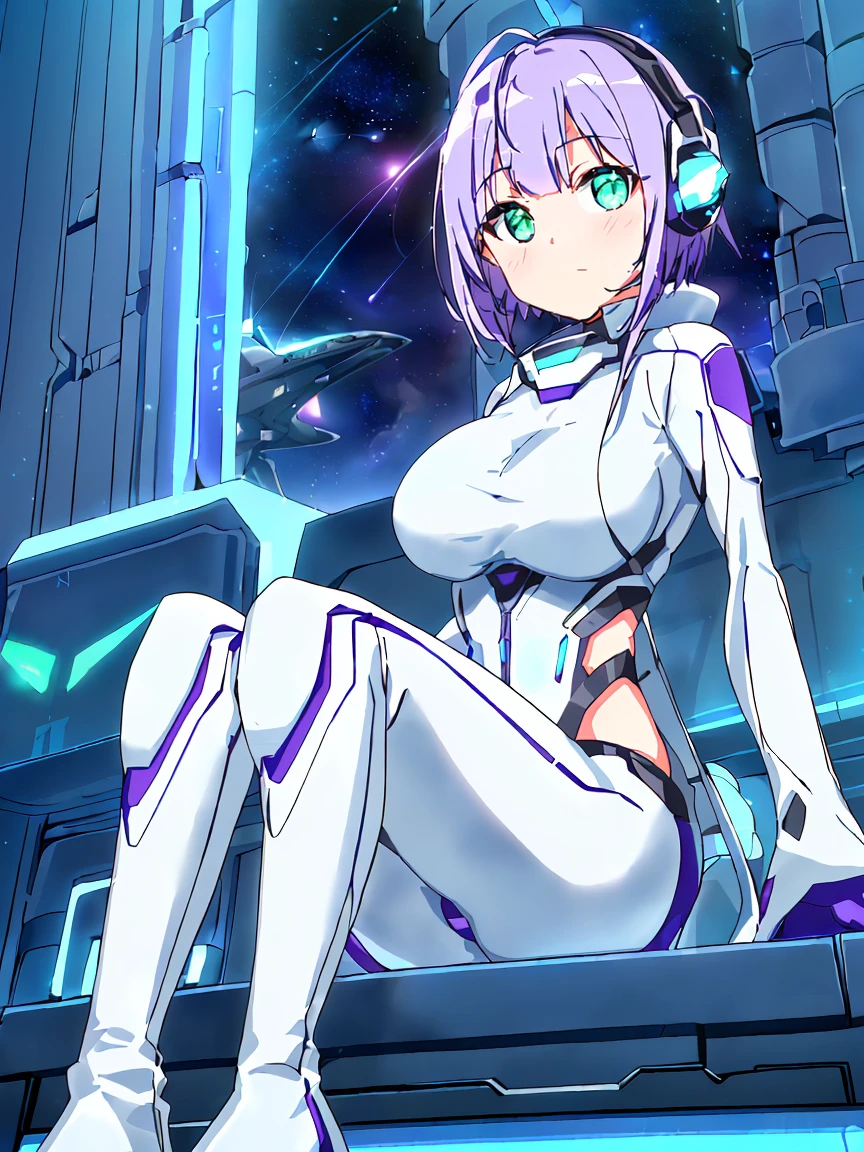 ​masterpiece:1.4, 1girl in ((20yr old, Wearing a futuristic white and silver costume, Tight Fit Bodysuit, long boots, Very gigantic-breasts, (Colorful purple hair,):1.3 short bob, Perfect model body, Green eyes:1.2, Wearing headphones, Looking out the window of the futuristic sci-fi space station、While admiring the beautiful galaxy:1.2, SFSF control room on night background:1.1, Neon and energetic atmosphere:1.2)) ((Galaxy))