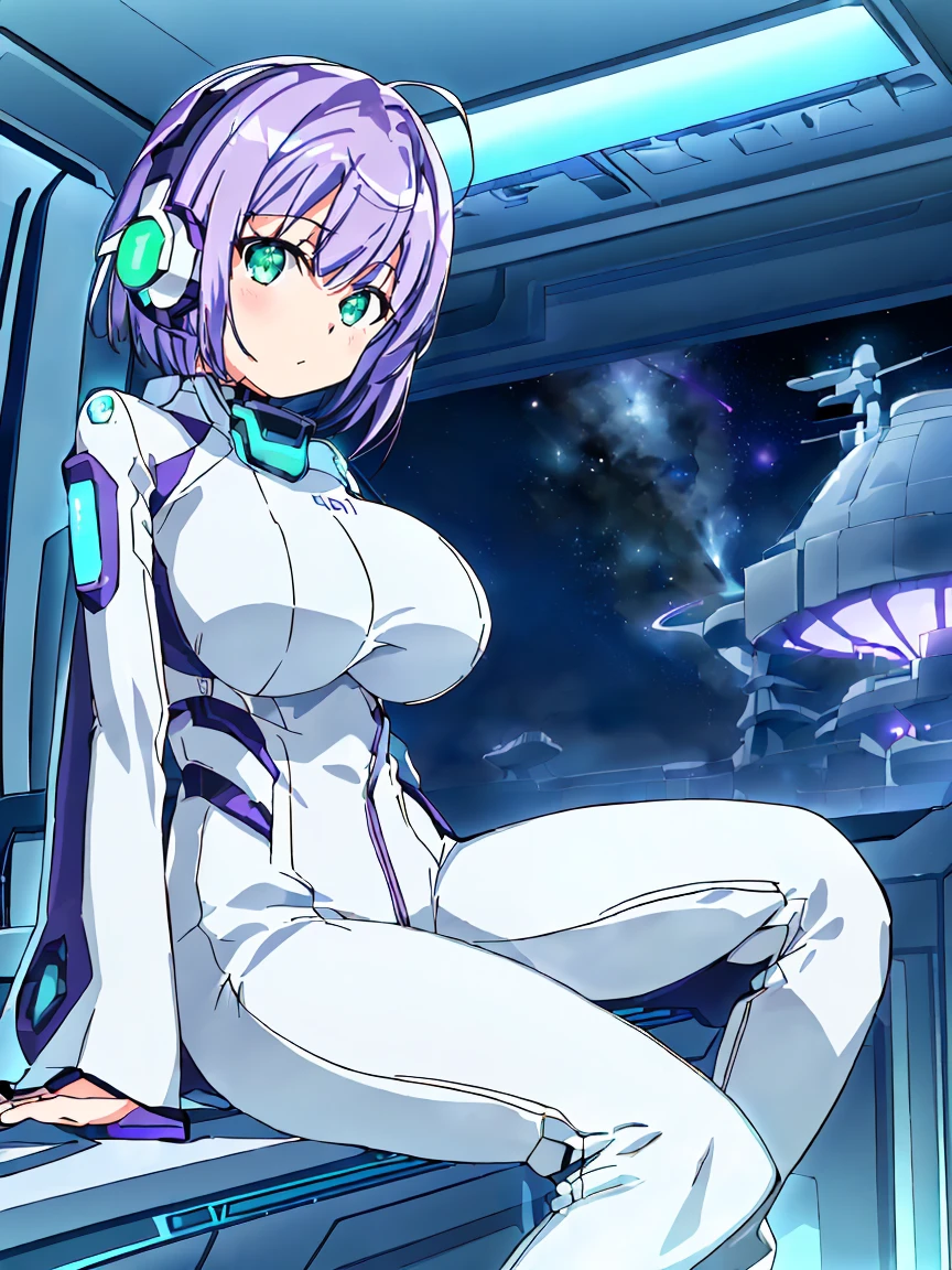 ​masterpiece:1.4, 1girl in ((20yr old, Wearing a futuristic white and silver costume, Tight Fit Bodysuit, long boots, Very gigantic-breasts, (Colorful purple hair,):1.3 short bob, Perfect model body, Green eyes:1.2, Wearing headphones, Looking out the window of the futuristic sci-fi space station、While admiring the beautiful galaxy:1.2, SFSF control room on night background:1.1, Neon and energetic atmosphere:1.2)) ((Galaxy))