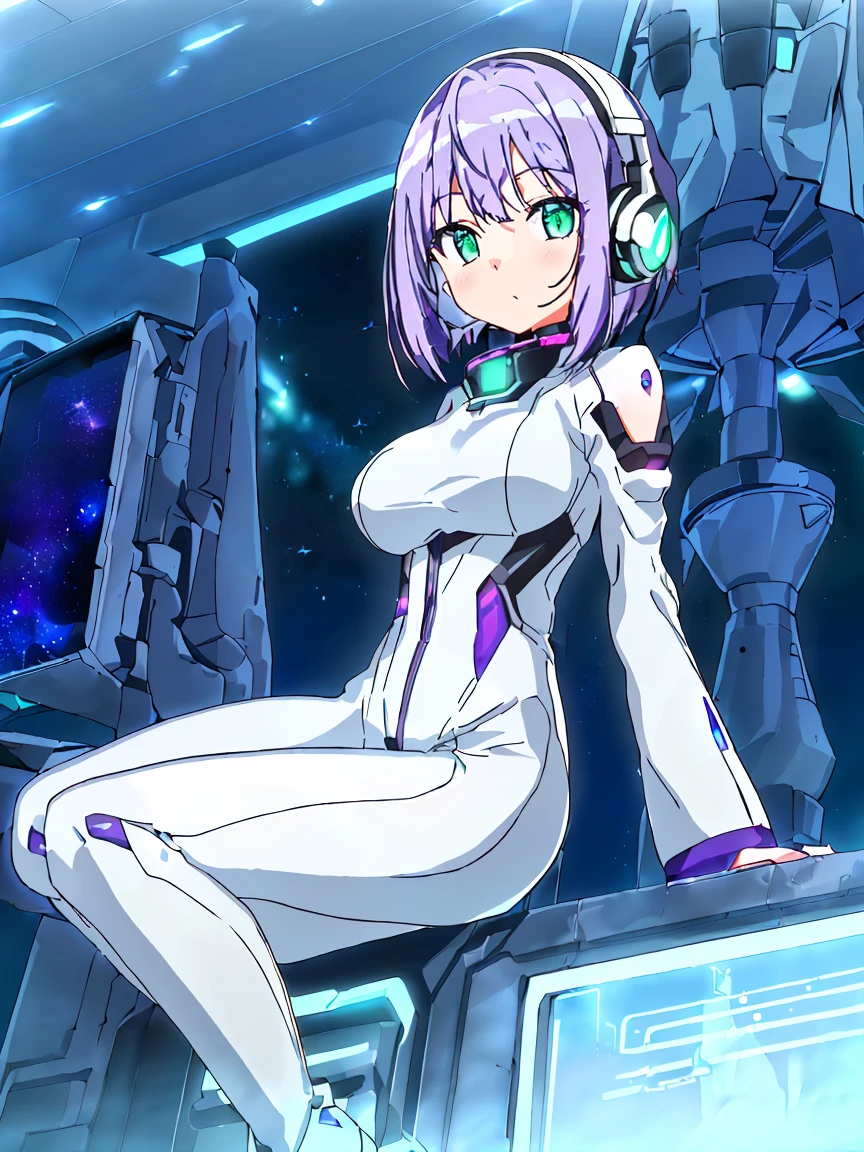 ​masterpiece:1.4, 1girl in ((20yr old, Wearing a futuristic white and silver costume, Tight Fit Bodysuit, long boots, Very gigantic-breasts, (Colorful purple hair,):1.3 short bob, Perfect model body, Green eyes:1.2, Wearing headphones, Looking out the window of the futuristic sci-fi space station、While admiring the beautiful galaxy:1.2, SFSF control room on night background:1.1, Neon and energetic atmosphere:1.2)) ((Galaxy))