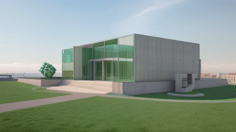 arafed view of a building with a solar panel on top of it, commercial illustration, detailed 2d illustration, wide angle exterior 2022, 3-point perspective, wide establishing shot, sharp focus ilustration hq, concept drawing, 3 d point perspective, 2 - point perspective, two point perspective, three point perspective, 2 point perspective, detailed rendering, modern architecture, modern art sculptures, green garden, modern garden, contemporary architecture, classical architecture, glass building, concrete building, roman architecture building, architectural rendering