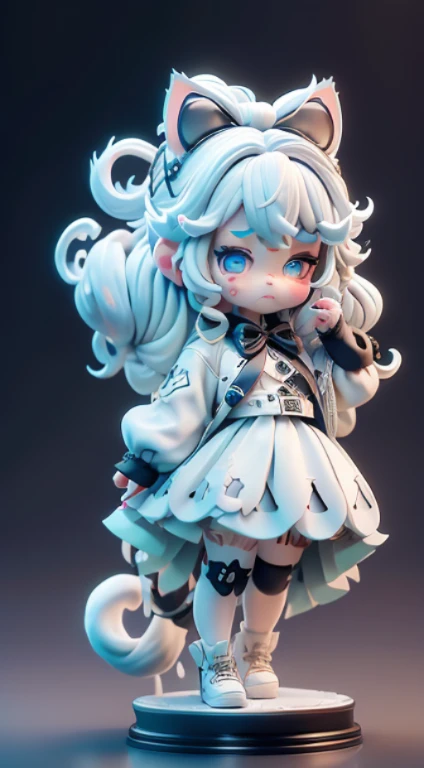 Blind box style，1girl，beast ear，coda，tchibi，White hair，cat ear，solo，a cat tail，long whitr hair，hair adornments，cat woman，Virtual YouTuber，a skirt，eBlue eyes，ahoge，Bow knot，White background，Animal ear villi，hair pin，ngel