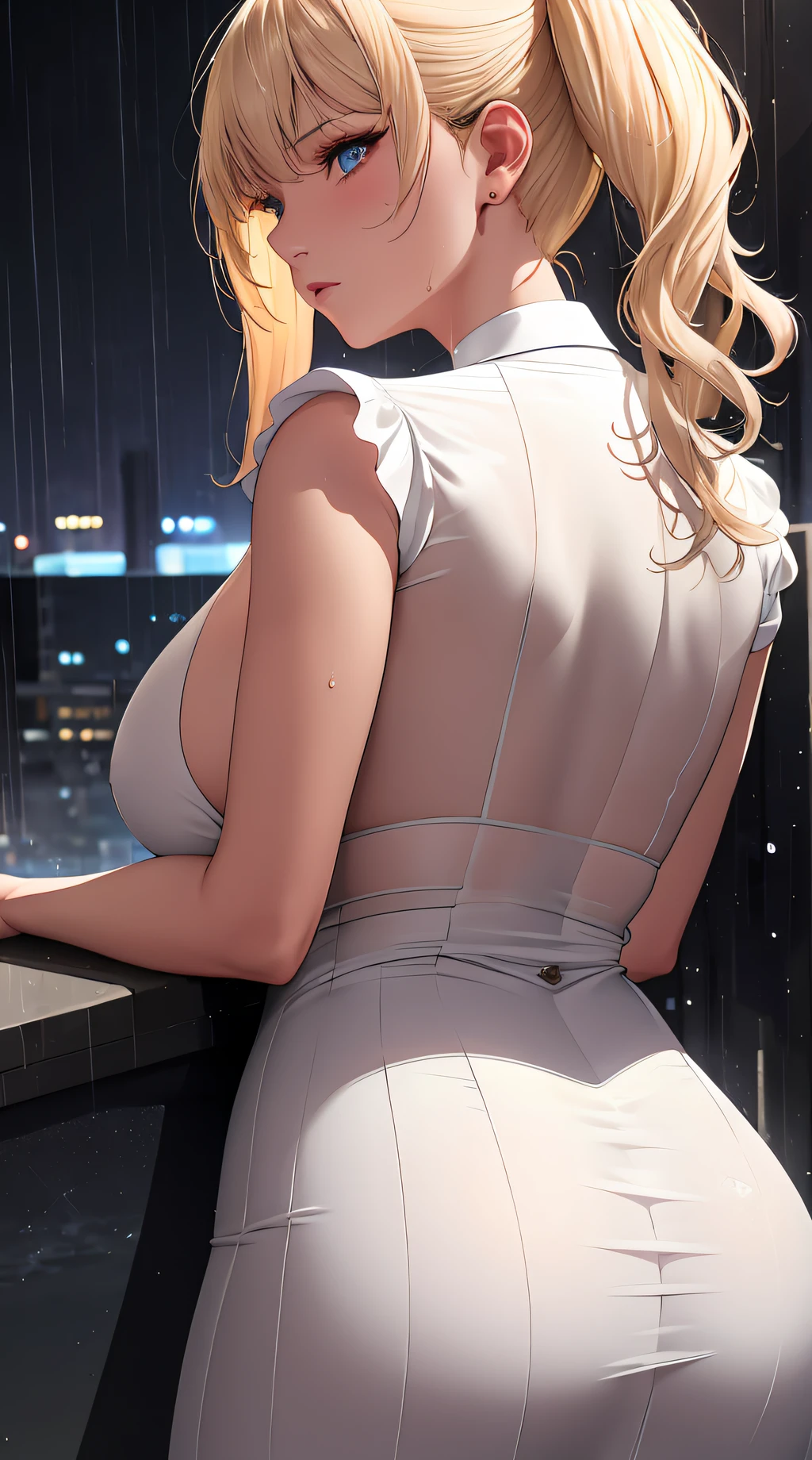 (best quality:1.5, highres, UHD, 4K, detailed lighting, shaders), white and yellow haired, gradient hair, large breasts, transparent suit, transparent gray shirt, transparent social shirt, transparent short skirt, mature woman , (pov), white background, colorful eyeshadow, dramatic lighting, sparkling eyes, sensual expression, golden earrings, flowing hair, delicate facial features, dark skin, high cheekbones, raining, urban setting, white background, dont look for the camera, lean forward, full body, view from behind, wet  by the rain,