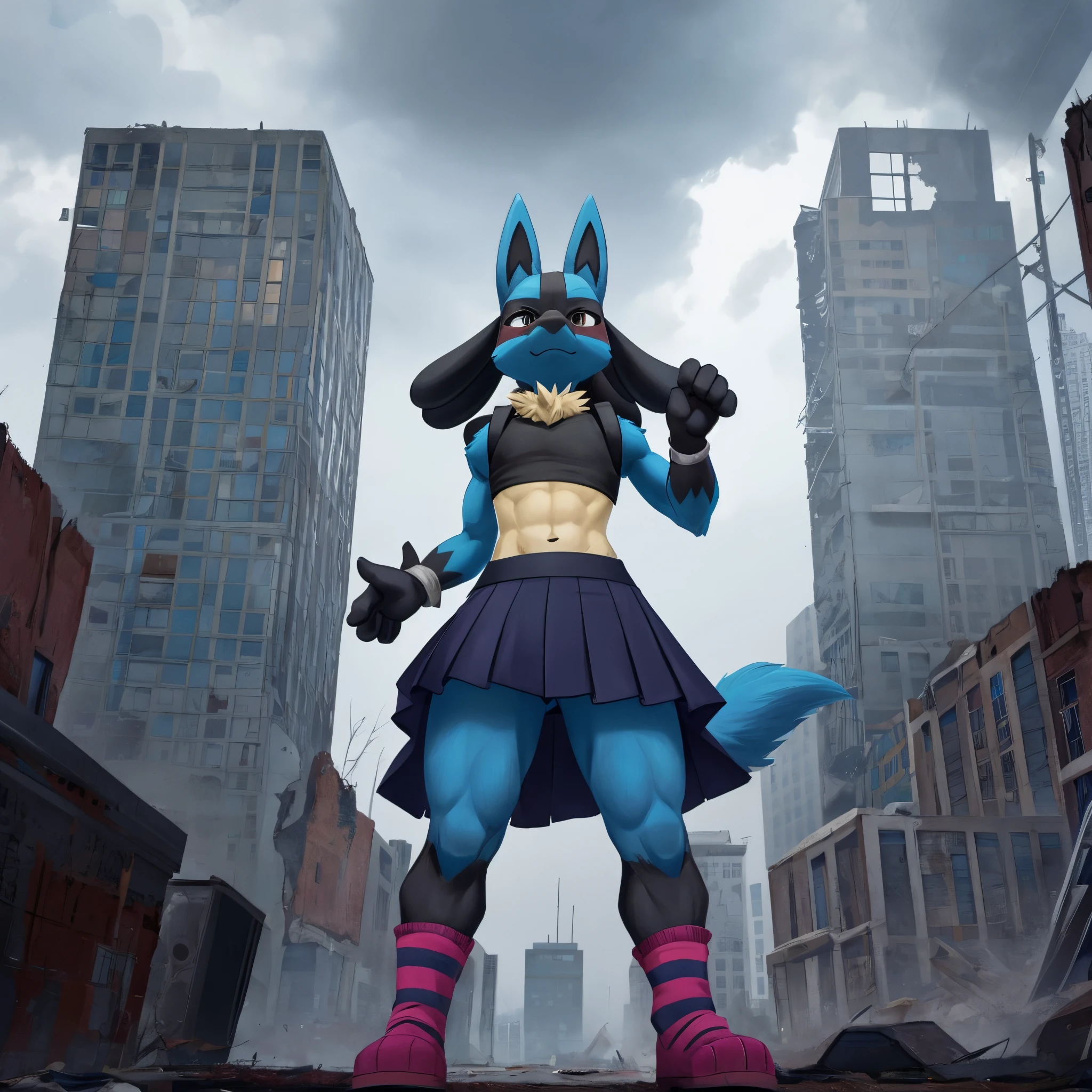 Lucario, male, only person, wearing a small loose fitting blue femboy crop top and skirt, striped arm and leg warmers, strong wind blowing front of skirt up, upward front view, standing on top of a skyscraper in a abandoned city in the middle of a rain storm