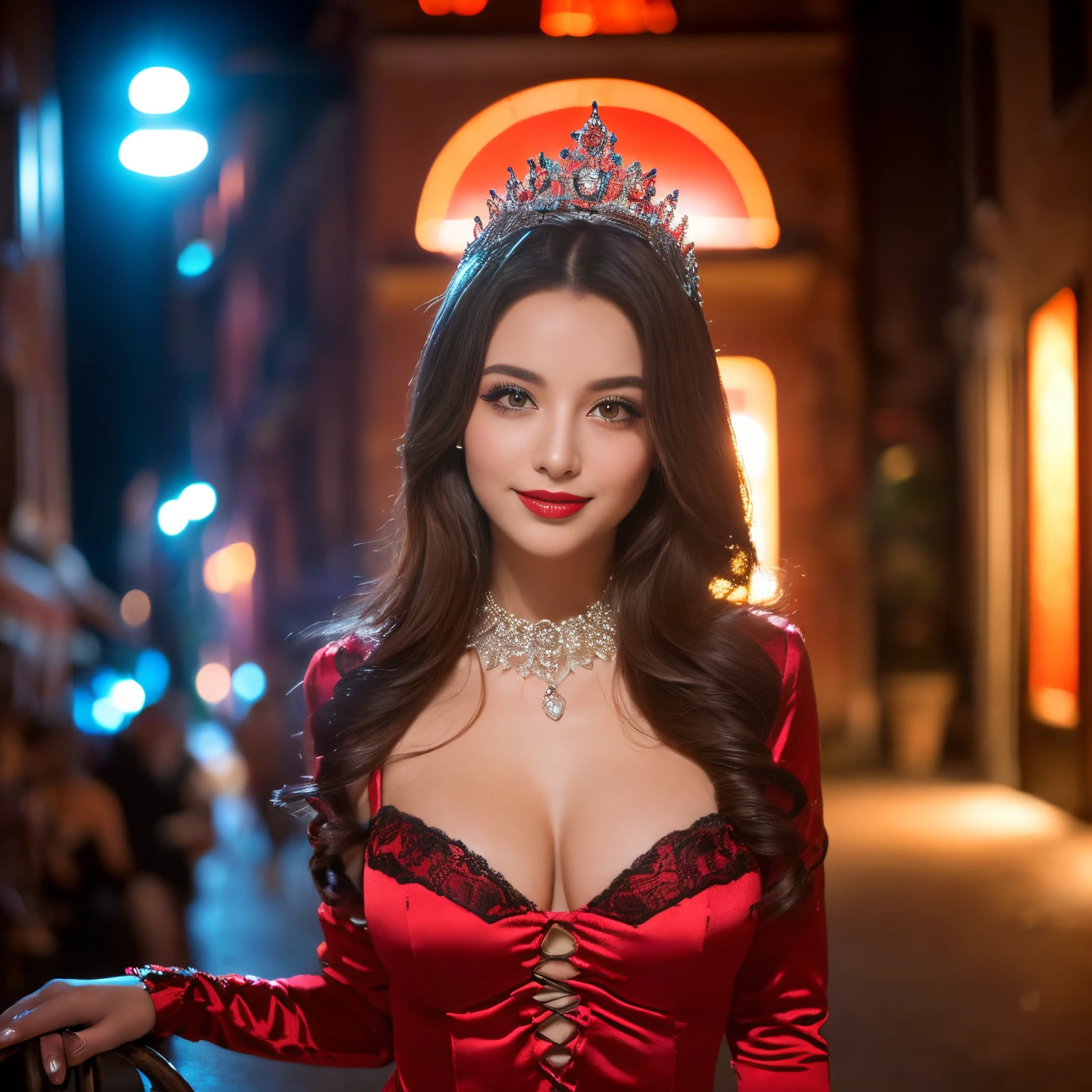 ((top-quality、masutepiece、8K、Top image quality、Highly complex and detailed depictions))、(italian princess pictures:1.3)、Italy&#39;s luxury entertainment district、the most luxurious princess costume、((the most beautiful italian princess costumes、The most luxurious Italian princess costumes、The most extravagant and lewd red-light district、An unimaginably huge entertainment district、A very luxurious and obscene red-light district in Italy、Huge red light district at midnight in Italy、Very complex decoration)、(View me、Bewitching smile、long eyelashes、Perfect makeup、lipsticks、A slight smil)、(perfect anatomia:1.2)、(Depth of field is deep:1.2)、(Detailed and intricate red light district background:1.3)、(Vibrant backdrop of obscene Italian red light district:1.3)、spectacular movie lighting、(romantic mood night:1.1)、(Perfectly recreates the atmosphere of an Italian red-light district:1.3)、(obscene entertainment district:1.1)、(Obscene mood 1.1)