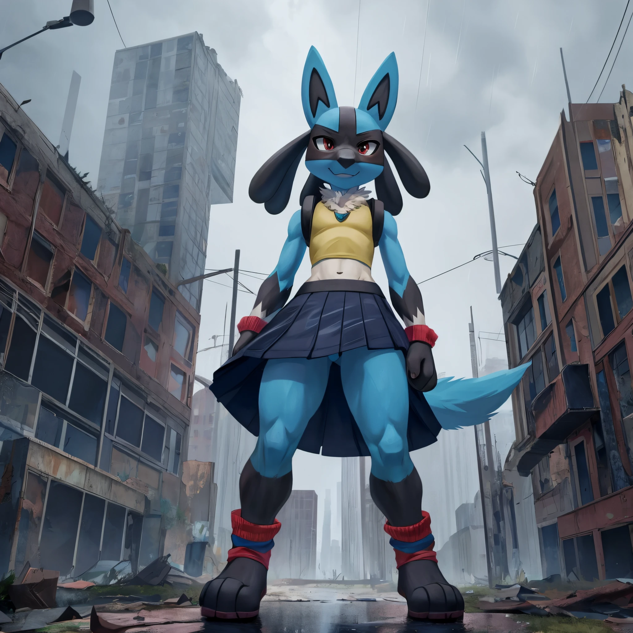 Lucario, male, only person, wearing a small loose fitting blue femboy crop top and skirt, striped arm and leg warmers, strong wind blowing front of skirt up, upward front view, standing on top of a skyscraper in a abandoned city in the middle of a rain storm