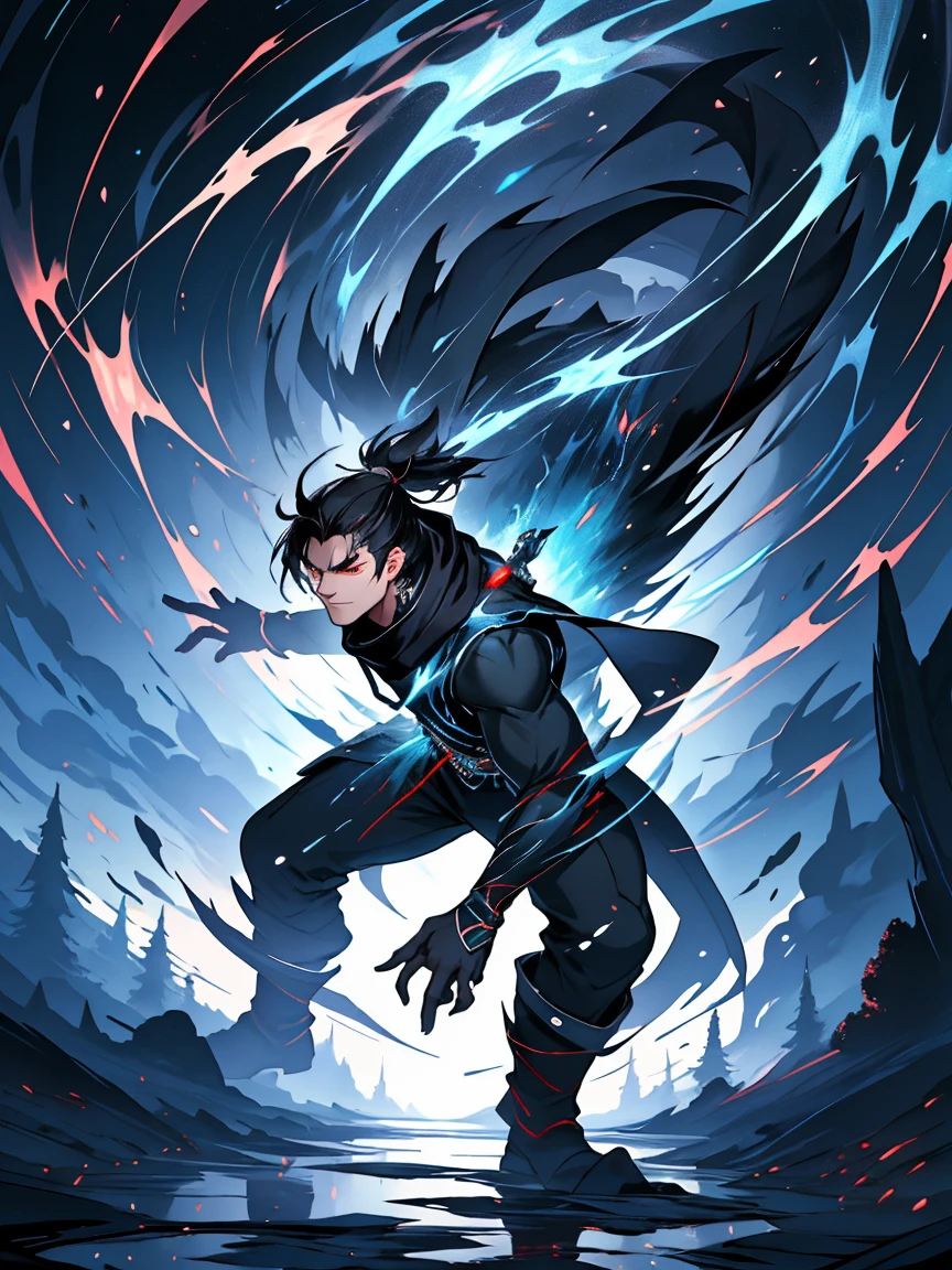 a painting that represents the nature of magic in his world，Black hair with high ponytail，The red-eyed protagonist has a mysterious black mark on his neck，Black scarf，Immerse yourself in a barrage of magical energy，Normal hands，Glowing particles dance around him，Mysterious symbols formed in the sky， tmasterpiece， Best quality at best， ultra - detailed， lamplight， 8k resolution concept art， Fantasyart， epic art， 4K concept art wallpaper，deep colour，natural  lightting，swirls of magic，