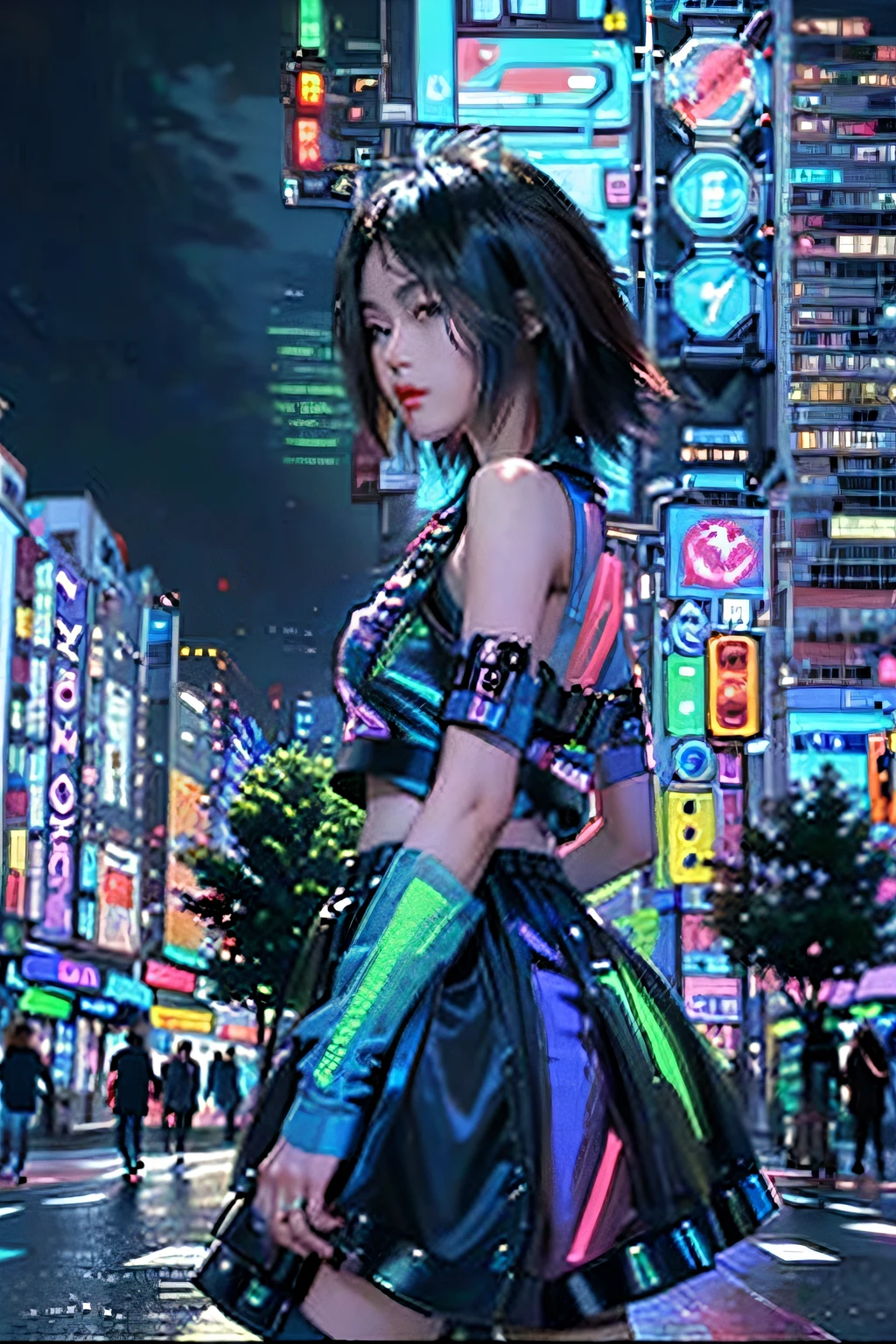 ((Urban Vibes: 1.3, Futuristic Cityscape: 1.2, Busy Intersection: 1.1), Pixel Art Illustration, Vibrant Color Palette, Transparent Elements, Neon Lights, Bustling Pedestrian Traffic, Unconventional Appeal!)