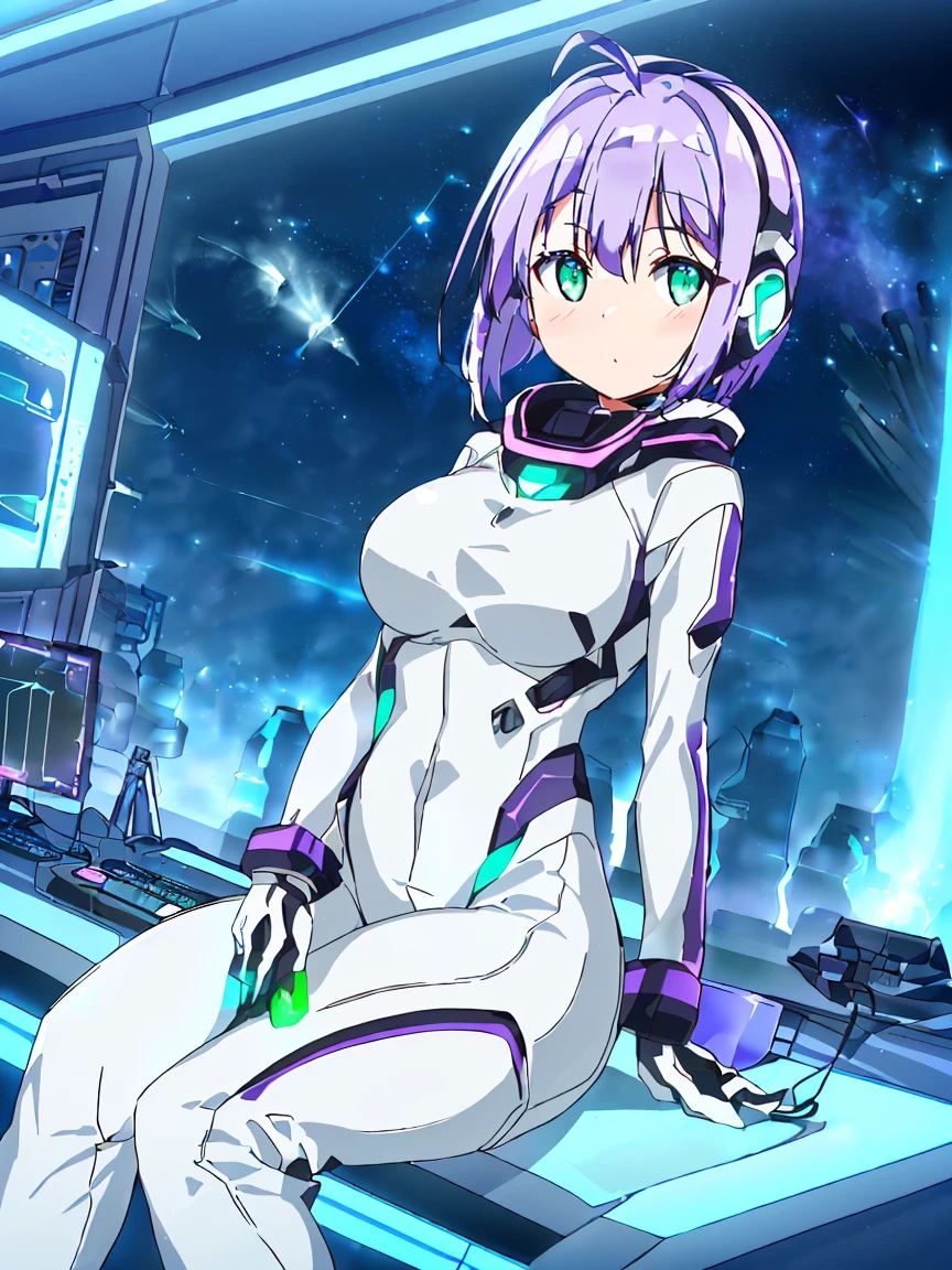 ​masterpiece:1.4, 1girl in ((20yr old, Wearing a futuristic white and silver costume, Tight Fit Bodysuit, long boots, Very gigantic-breasts, (Colorful purple hair,):1.3 short bob, Perfect model body, Green eyes:1.2, Wearing headphones, Looking out the window of the futuristic sci-fi space station、While admiring the beautiful galaxy:1.2, SFSF control room on night background:1.1, Neon and energetic atmosphere:1.2)) ((Galaxy))