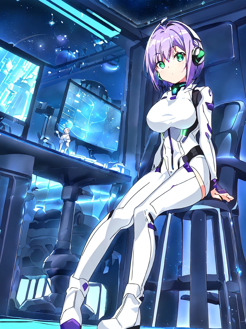 ​masterpiece:1.4, 1girl in ((20yr old, Wearing a futuristic white and silver costume, Tight Fit Bodysuit, long boots, Very gigantic-breasts, (Colorful purple hair,):1.3 short bob, Perfect model body, Green eyes:1.2, Wearing headphones, Looking out the window of the futuristic sci-fi space station、While admiring the beautiful galaxy:1.2, SFSF control room on night background:1.1, Neon and energetic atmosphere:1.2)) ((Galaxy))