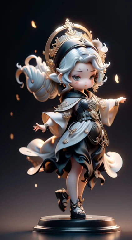 Blind box style,1 cute female metal dancer, Delicate metal robes, Baroque style, dreamy glow, Clean, Black draft,White gold style, ( globalillumination, Ray traching, HighDynamicRange, unreal render,Reasonable design, high detal, tmasterpiece, Best quality, hyper HD, 电影灯光)
