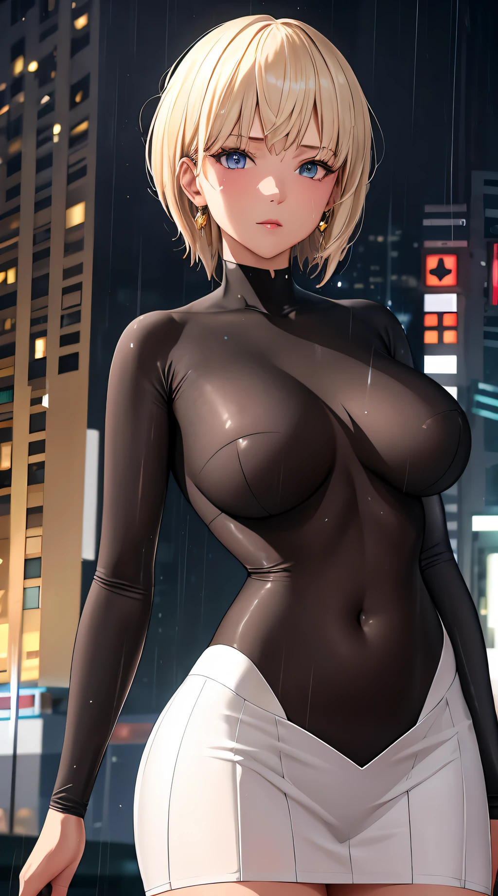 (best quality:1.5, highres, UHD, 4K, detailed lighting, shaders), white and yellow haired, gradient hair, large breasts, transparent suit, transparent gray shirt, transparent social shirt, transparent short skirt, mature woman , (pov), white background, colorful eyeshadow, dramatic lighting, sparkling eyes, sensual expression, golden earrings, flowing hair, delicate facial features, dark skin, high cheekbones, raining, urban setting, white background, dont look for the camera, full body, wet  by the rain,