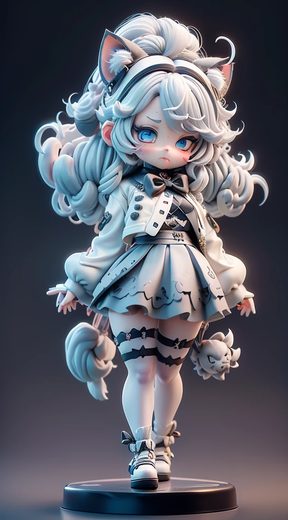 Blind box style,1个Giant Breast Girl,beast ear,end,Chibi,White hair,cat ear,Alone,A cat's tail,Long gray hair,hair adornments,cat woman,Virtual YouTuber,a skirt,eBlue eyes,ahoge,Bow knot,white backgrounid,sanimal ear fluff,hair pin,fail