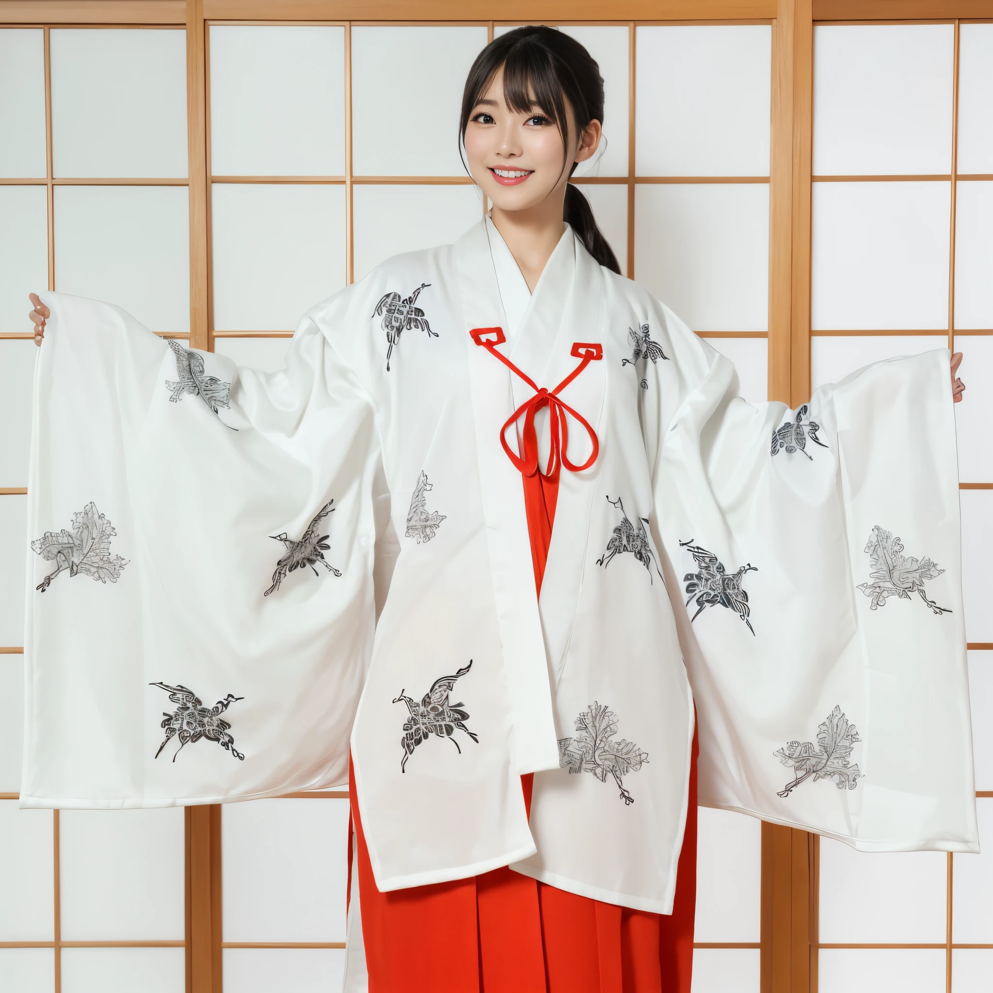 (top-quality、masutepiece、in 8K、Top image quality、super-fine、Award-Winning Works)、beautiful shrine maiden、shrine maiden&#39;S white coat、Chihaya the Shrine Maiden、shrine maiden&#39;red hakama、Perfect authentic shrine maiden costume、View me、Biggest smile、The background is a Japanese-style room、Perfect makeup