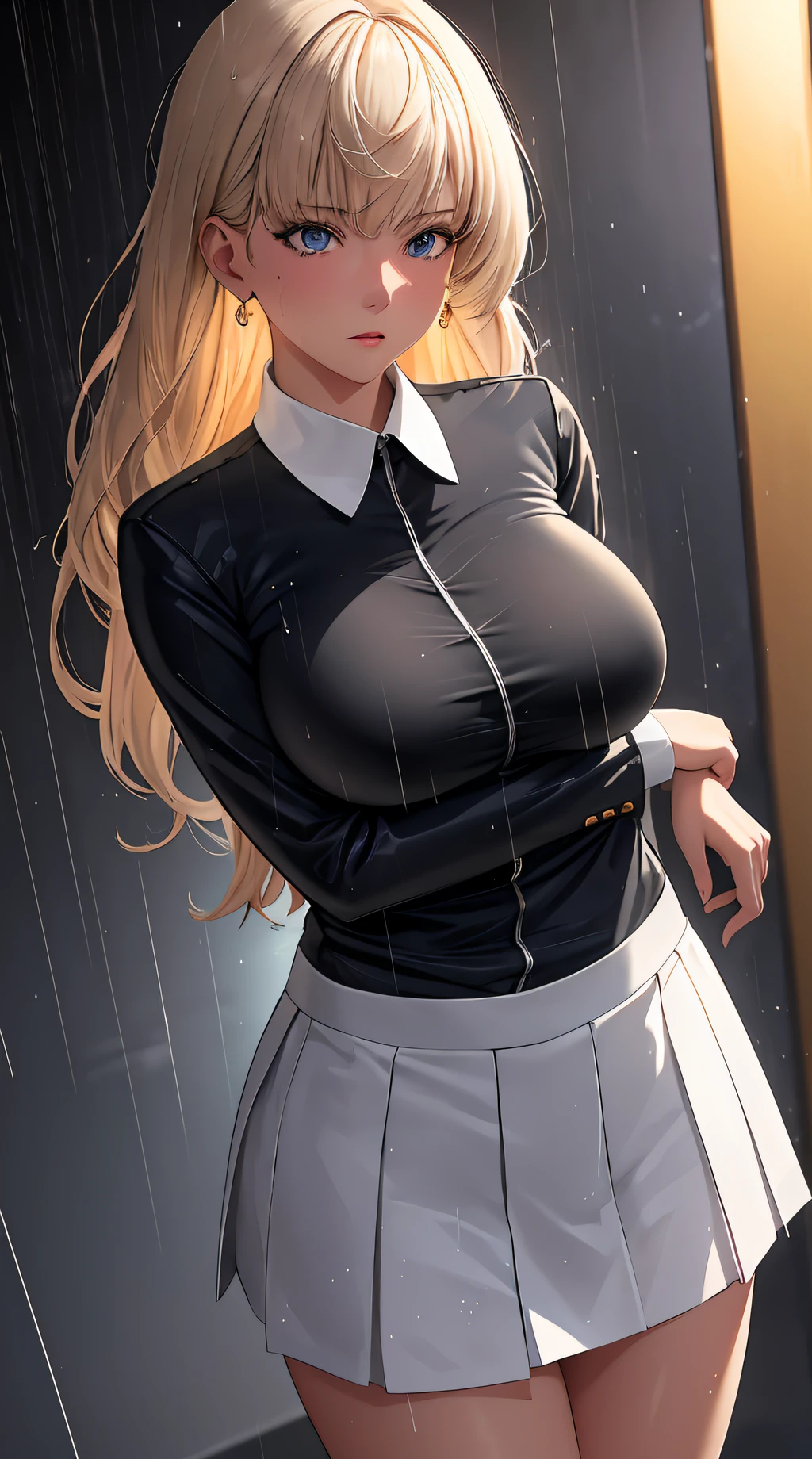 (best quality:1.5, highres, UHD, 4K, detailed lighting, shaders), white and yellow haired, gradient hair, large breasts, transparent suit, transparent gray shirt, transparent social shirt, transparent short skirt, mature woman , (pov), white background, colorful eyeshadow, dramatic lighting, sparkling eyes, sensual expression, golden earrings, flowing hair, delicate facial features, dark skin, high cheekbones, raining, urban setting, white background, dont look for the camera, full body, wet  by the rain,