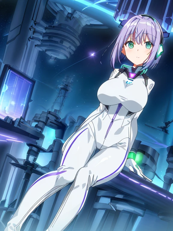 ​masterpiece:1.4, 1girl in ((20yr old, Wearing a futuristic white and silver costume, Tight Fit Bodysuit, long boots, Very gigantic-breasts, (Colorful purple hair,):1.3 short bob, Perfect model body, Green eyes:1.2, Wearing headphones, Looking out the window of the futuristic sci-fi space station、While admiring the beautiful galaxy:1.2, SFSF control room on night background:1.1, Neon and energetic atmosphere:1.2)) ((Galaxy))