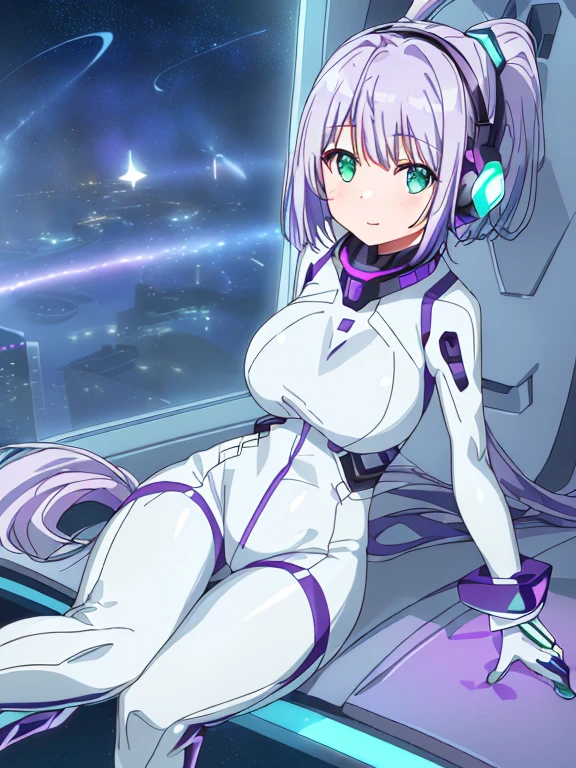 ​masterpiece:1.4, 1girl in ((20yr old, Wearing a futuristic white and silver costume, Tight Fit Bodysuit, long boots, Very gigantic-breasts, (Colorful purple hair,):1.3 short bob, Perfect model body, Green eyes:1.2, Wearing headphones, Looking out the window of the futuristic sci-fi space station、While admiring the beautiful galaxy:1.2, SFSF control room on night background:1.1, Neon and energetic atmosphere:1.2)) ((Galaxy))