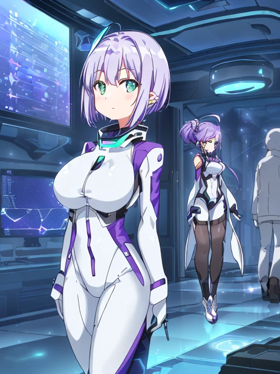 ​masterpiece:1.4, 1girl in ((20yr old, Wearing a futuristic white and silver costume, Tight Fit Bodysuit, long boots, Very gigantic-breasts, (Colorful purple hair,):1.3 short bob, Perfect model body, Green eyes:1.2, Wearing headphones, Looking out the window of the futuristic sci-fi space station、While admiring the beautiful galaxy:1.2, SFSF control room on night background:1.1, Neon and energetic atmosphere:1.2)) ((Galaxy))