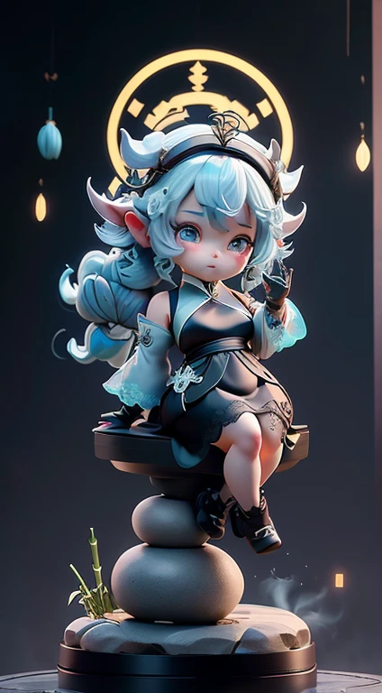 Blind box style, Chibi,{{tmasterpiece, Best quality, extremely detremely detailed CG, Unity8k wallpaper, 电影灯光, lens flare glow}},Blue hair,(goat horn:1.2),Wear gloves on elbows,Blue and white cheongsam,Cheongsam Ganyu,hair between eye,lace panty hose,(looking at viewert:1.2),eBlue eyes,Black dress,Spectacular views,Full body lesbian,sitted,roleplaying,employment \(genshin impact\),Thick body,employment,Chinese clothes,Long gray hair,Green-eyed,(bamboo forrest:1.3),flagstone road,hot springs,