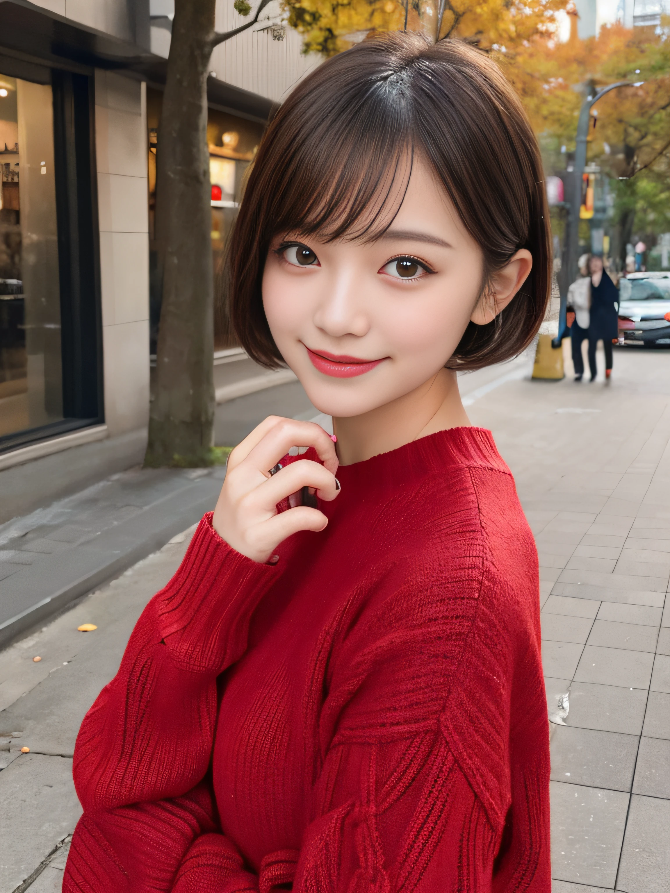 She looks happy when she sees this、Under the autumn sky、Red Sweater、masutepiece, Best Quality, Illustration, Ultra-detailed, finely detail, hight resolution, 8K Wallpaper, Perfect dynamic composition, Beautiful detailed eyes,Short bob hair,Small breasts natural color lip, Bold sexy poses,Smile,Shibuya、a 18 year old girl、Cute、Subject looking at sexy pose on camera