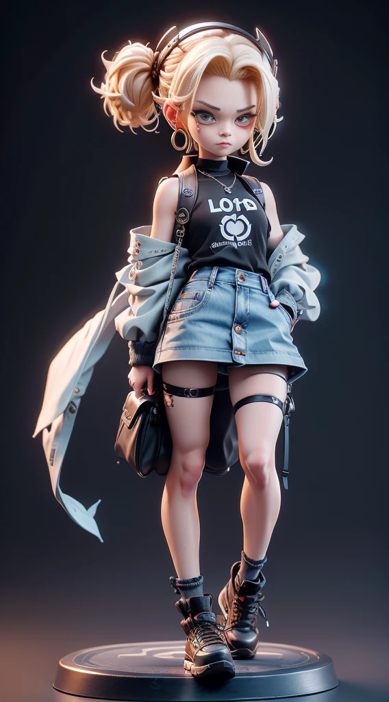 Blind box style，Android18, Blonde hair, eBlue eyes, eyeslashes, hoop earings, Short hair details, Earring straps, Black socks, black shirt, Chest pocket, LOP, 鎖骨, Denim, Denim skirt, high waisted skirt, jewely, longer sleeves, pocket, The shirt, The shirt is tucked in, a skirt, There are striped ones, Striped sleeves, vests,