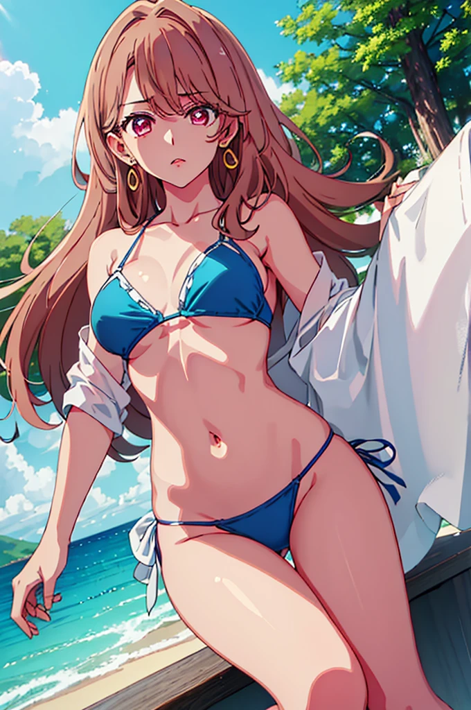 masterpiece,best quality, ultra res, extremely detailed,
1woman,Miyako Saitou,
 pink eyes,light_brown hair,eyebrows_visible_through_hair,bangs
jewelry,collarbone, earrings,
dynamic pose,
(BLUE BIKINI:1.2)