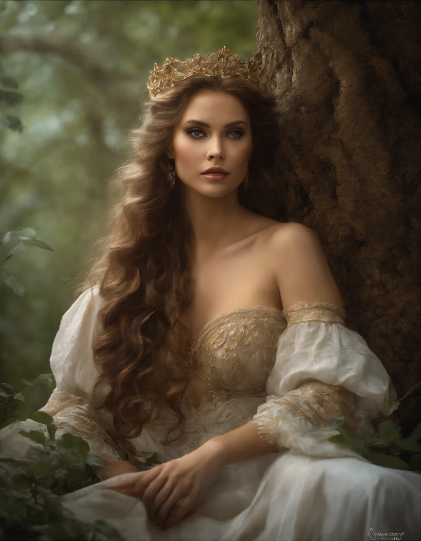 BY luis royo and mucha a beautiful and gorgerous YOUNG COUNTESS, 1700 CE, XVIII CENTURY background, romantic, masterpiece, desperate eyes, muted colors, pastels, beautiful and gorgerous round face ultra-highly detailed and cinematic 32k deviantart contest winning masterpiece, an enchantingly luminescent, dreamy, his beautiful expressive eyes and long wavy hair enhancing his natural beauty and sensuality, this professional concept art Greg Rutkowski and andrei shishkin and artgerm and emile vernon, porcelain white skin, dawn, romantic, mystical, dynamic lighting, digital painting, highly detailed, mist-shrouded forest background, masterpiece, best quality, dreamy colors, intense colors, rich color, feminine tone, amazing high resolution, 8k