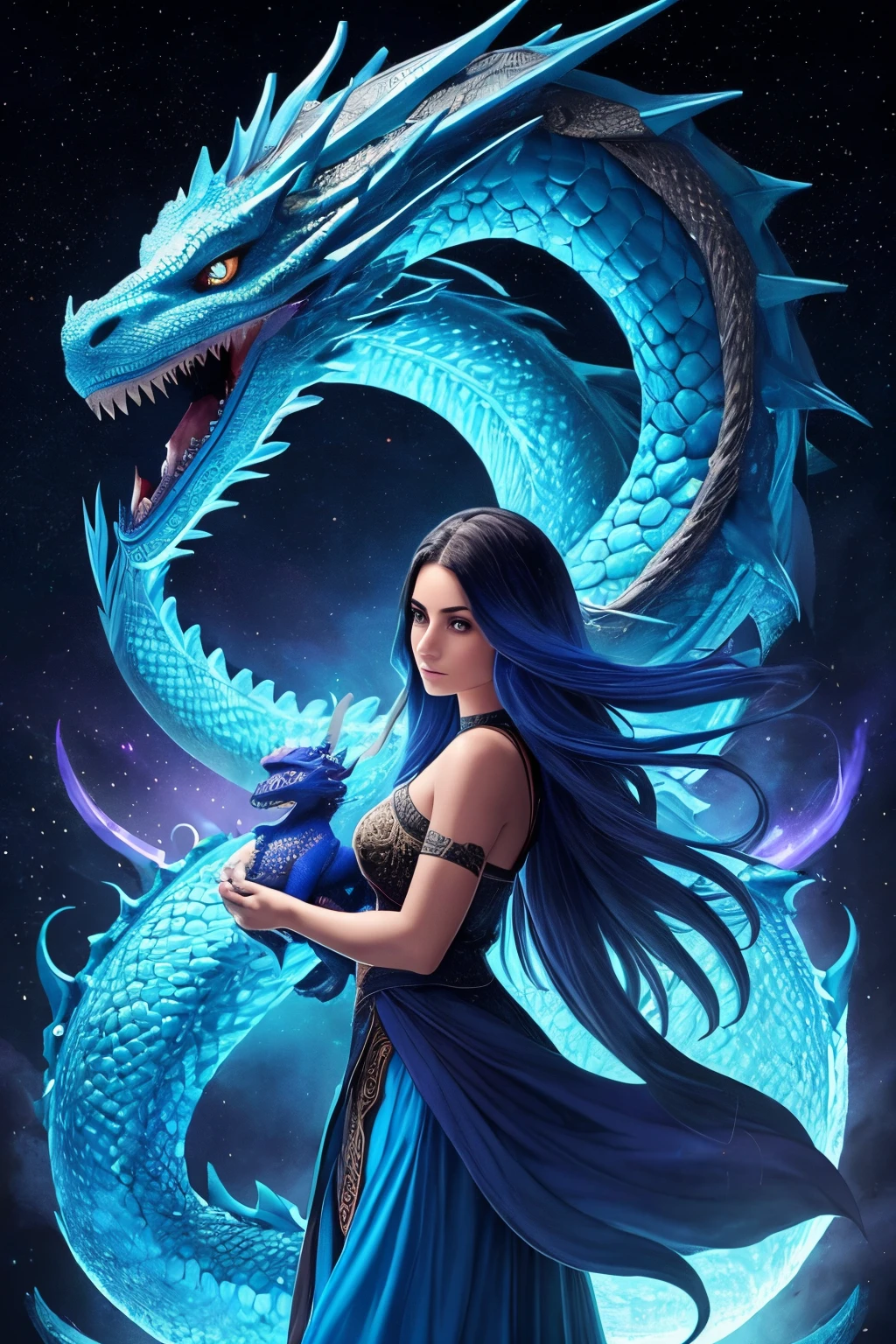 ((La mejor calidad)), ((Obra maestra)), (Detallado), Cara perfecta
Mujer hechicera, tiene ojos negros y pelo azul oscuro enrulado. Su cara esta cubierta de escamas de dragon. es una imagen de cuerpo competo en colores azules y celestes. He has a little blue dragon by his side.
a ella le sale magia celeste de las manos, which also surrounds the small blue dragon that accompanies it on its right side