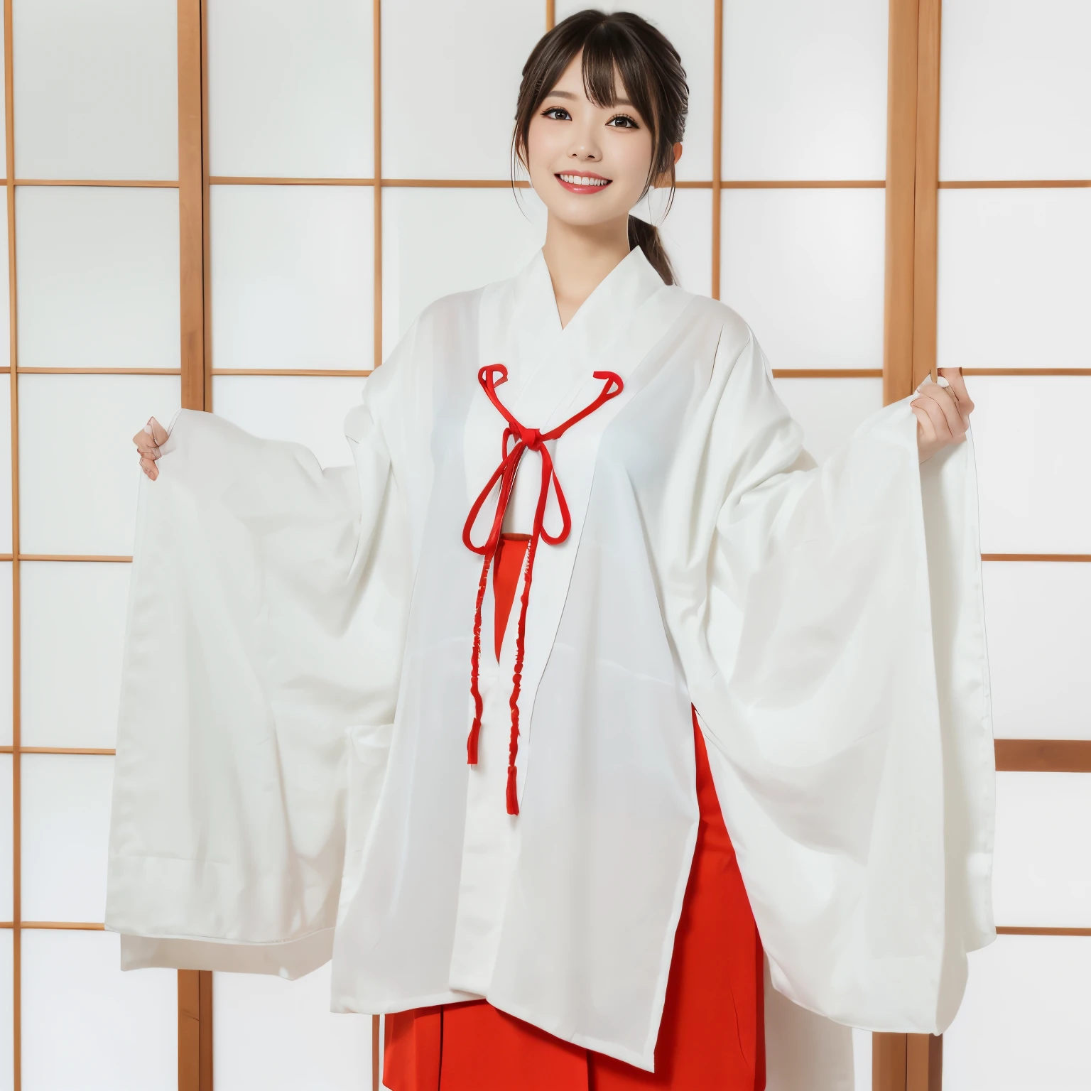 (top-quality、masutepiece、in 8K、Top image quality、super-fine、Award-Winning Works)、beautiful shrine maiden、shrine maiden'S white coat、Chihaya the Shrine Maiden、shrine maiden'red hakama、Perfect authentic shrine maiden costume、View me、Biggest smile、The background is a Japanese-style room、Perfect makeup