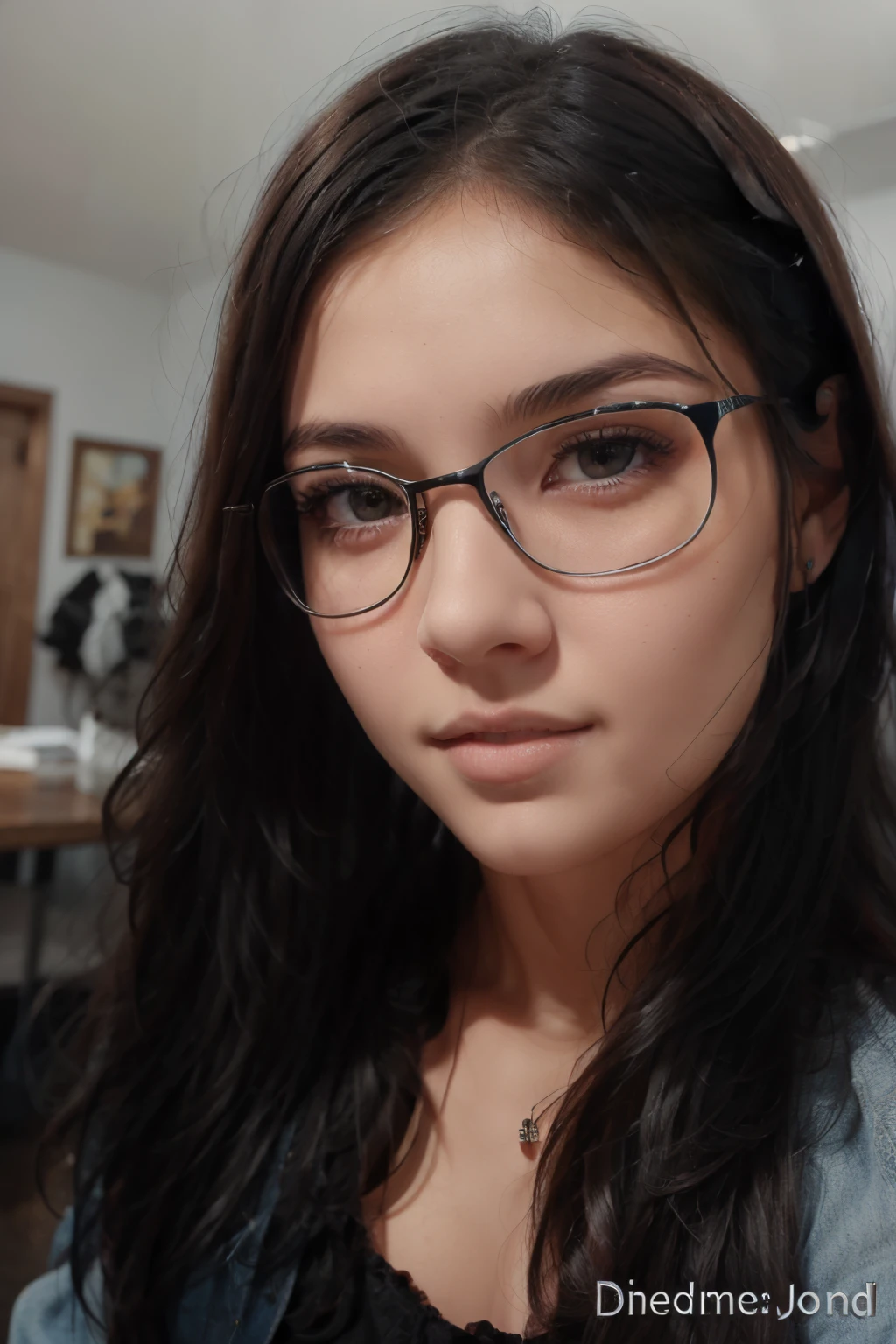 MUJER JOVEN BELLA CON LENTES PELO ONDULADO NEGRO VOLUPTUOSA VESTIDA DE JEANS AZULES Y CAMISA BLANCA