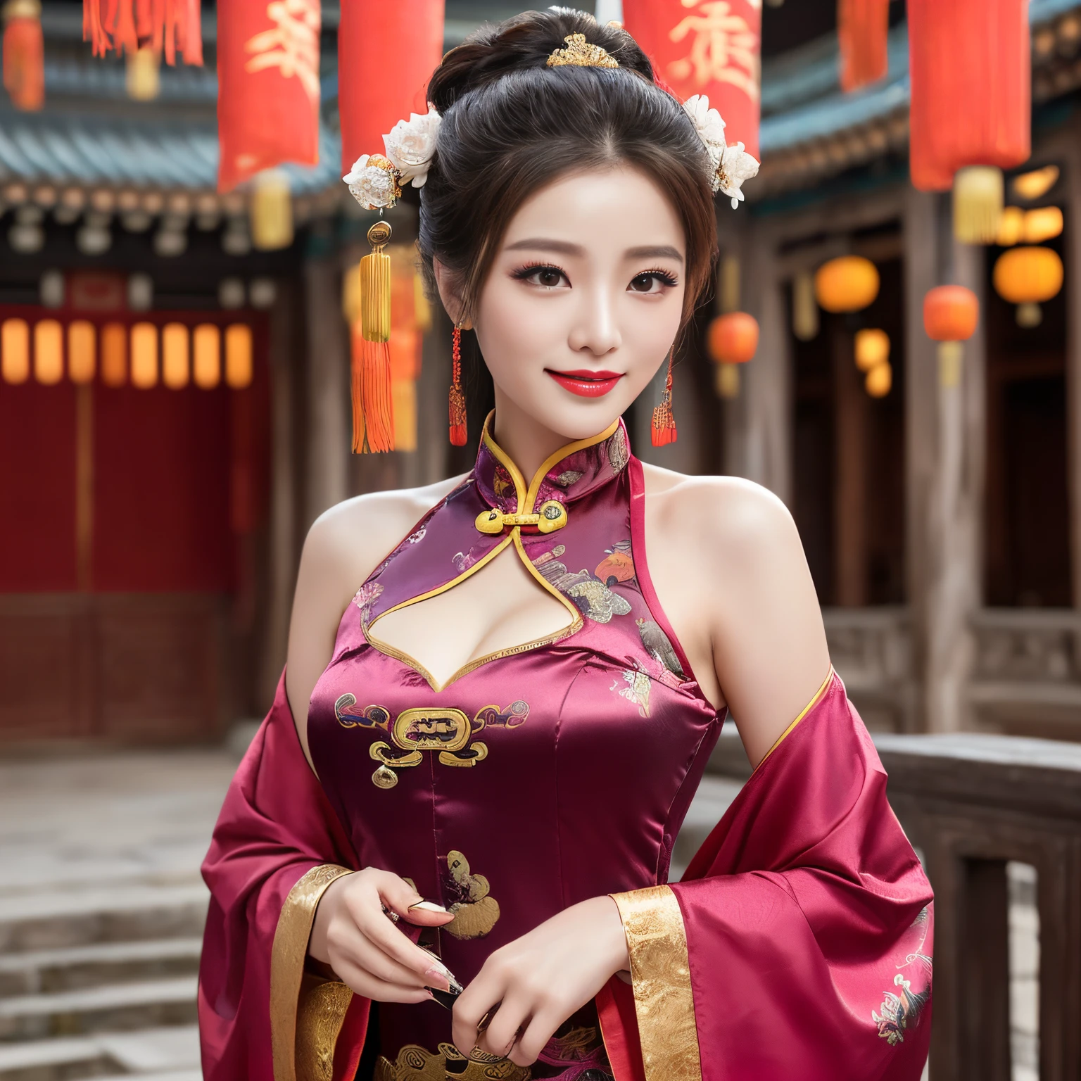((top-quality、masutepiece、8K、Top image quality、Highly complex and detailed depictions))、(Photos of the most gorgeous Chinese prostitutes:1.5)、beautiful chan&#39;night guard、((the most gorgeous chinese prostitute&#39;Huge costumes、the most vivid and luxurious costumes、big long costume、The most luxurious and huge garrison in Chang&#39;an、Brilliant architecture of ancient China、An unimaginably luxurious garrison、Midnight Garrison House、court with a romantic atmosphere、Very complex decoration、A very luxurious ancient Chinese garrison))、(View me、Bewitching smile、Perfect makeup、long eyelashes、lipsticks、Pink eyeshadows、perfect anatomia、A slight smil)、(Clear luxury garrison background:1.2)