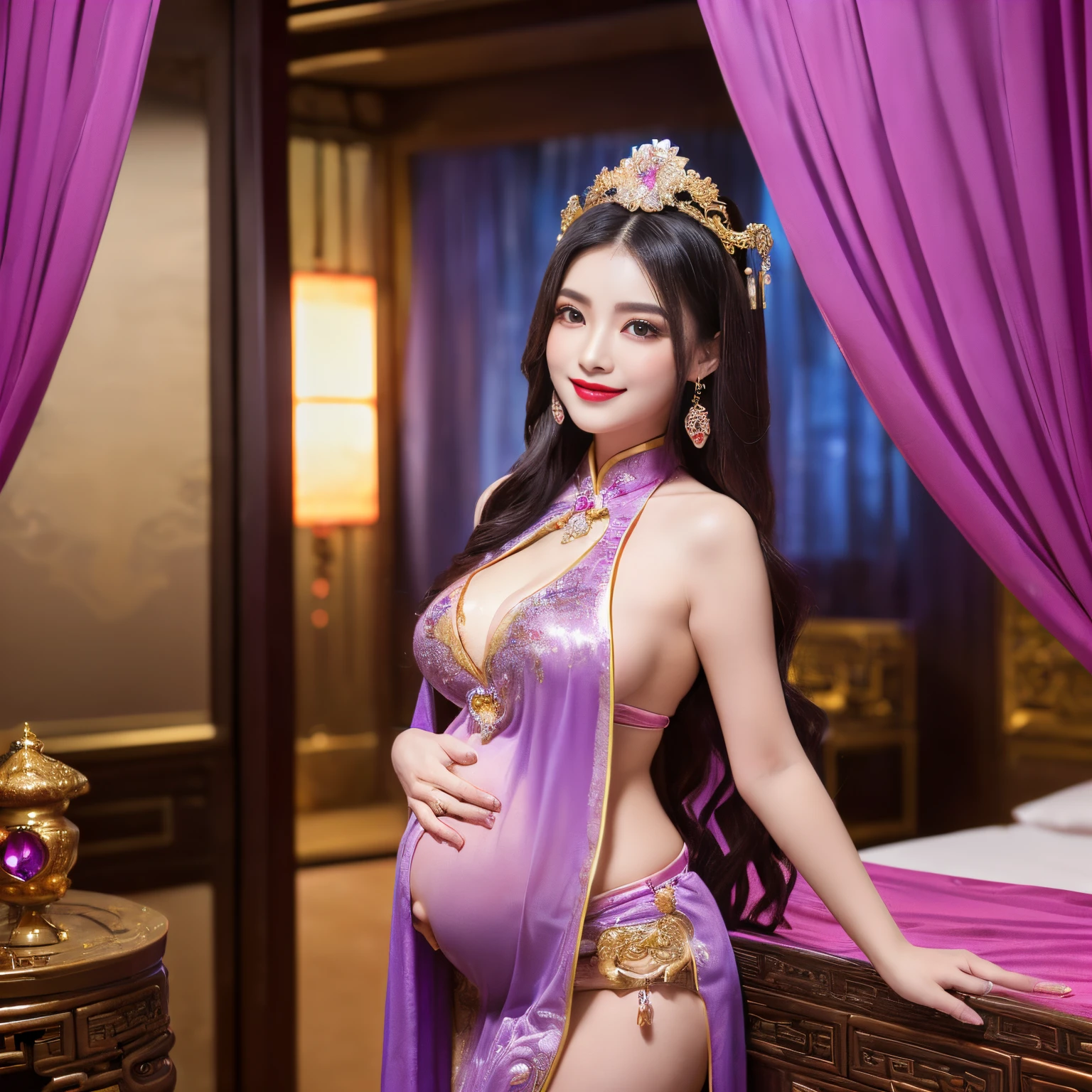 ((top-quality、masutepiece、8K、Top image quality、Highly complex and detailed depictions))、(The most gorgeous Chinese whore goddess:1.1)、Pregnant goddess、((The most gorgeous prostitution goddess huge costume、The most vivid and luxurious Chinese costumes、big long chinese goddess costume、The unimaginably beautiful bedroom of a Chinese goddess、purple and pink gems、(purple and pink goddess bedroom:1.3)、(romantic dark night:1.2)、(pink and purple lighting:1.2)、spectacular movie lighting、A glittering room decorated with jewels、The most sacred and beautiful Chinese goddess'Bedroom、mid night、Very complex decoration、very clear chinese goddess bedroom、(View me、Bewitching smile、Perfect makeup、long eyelashes、lipsticks、Pink eyeshadows、perfect anatomia、Biggest smile)、(huge beautiful curtains:1.1)、(The most elaborate goddess room:1.2)、(Professionally designed, Room interior with a sense of unity:1.3)